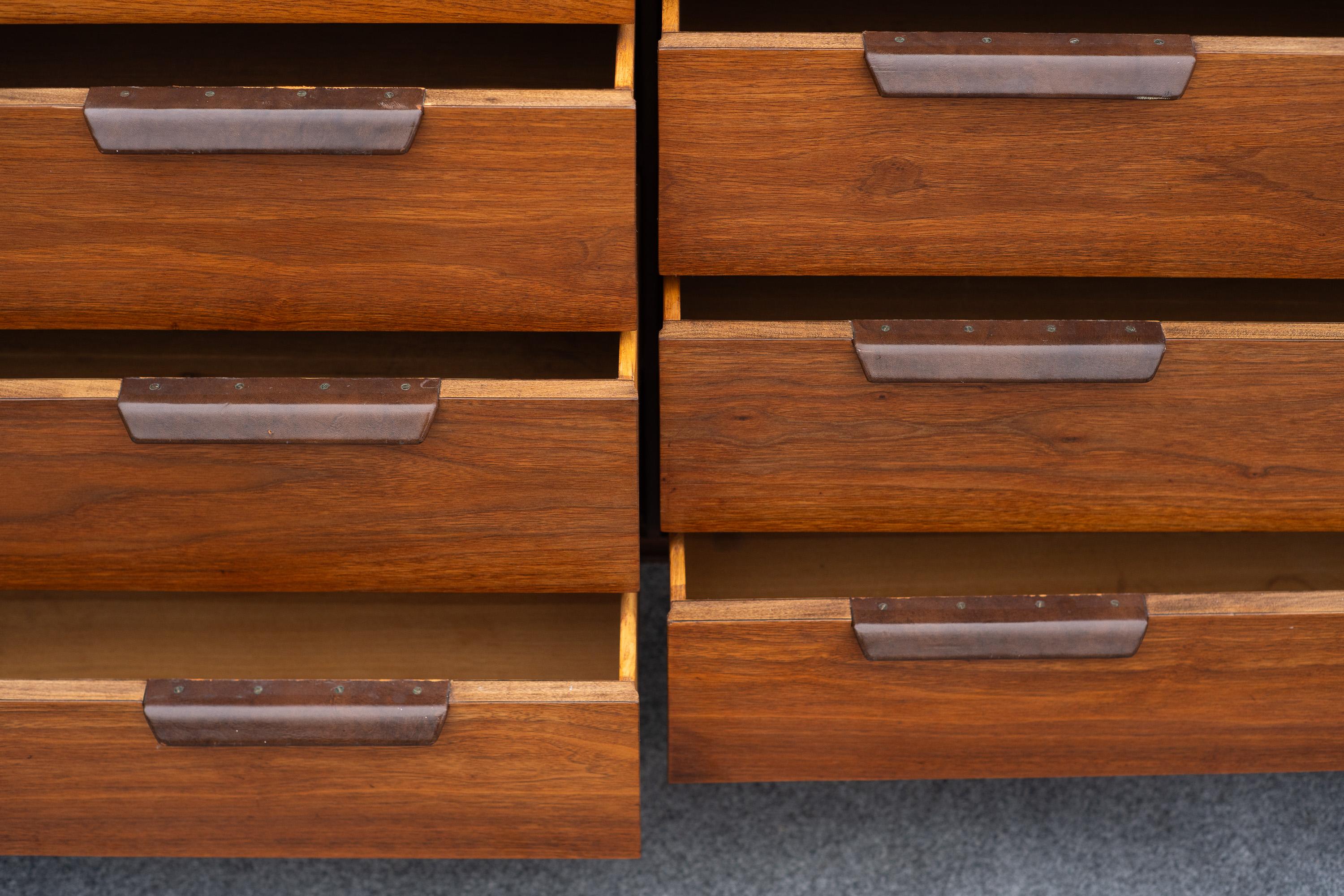 Pair Restored Edward Wormley for Dunbar Walnut & Leather 8-Drawer Cabinets For Sale 5