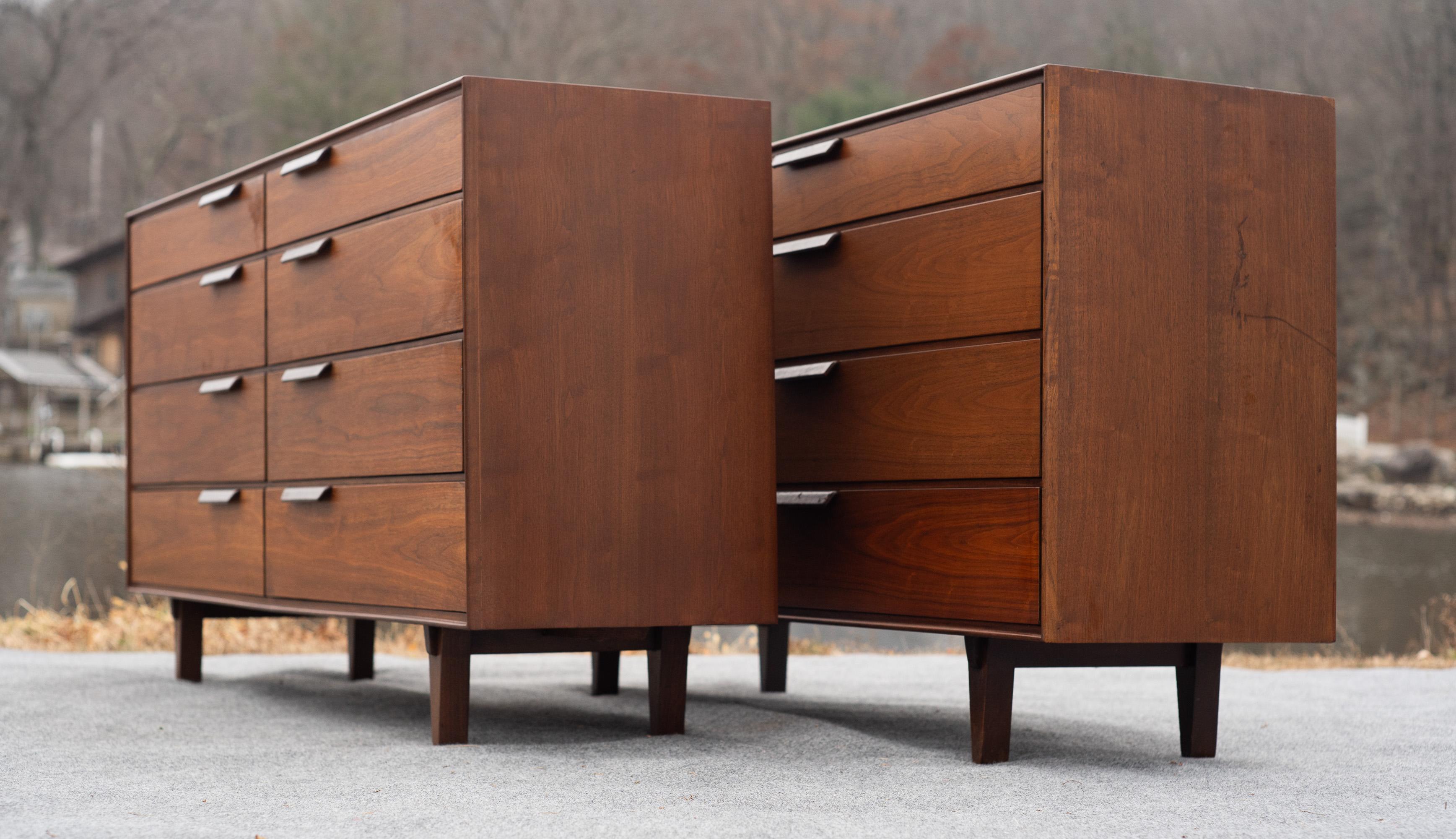 Pair Restored Edward Wormley for Dunbar Walnut & Leather 8-Drawer Cabinets For Sale 9