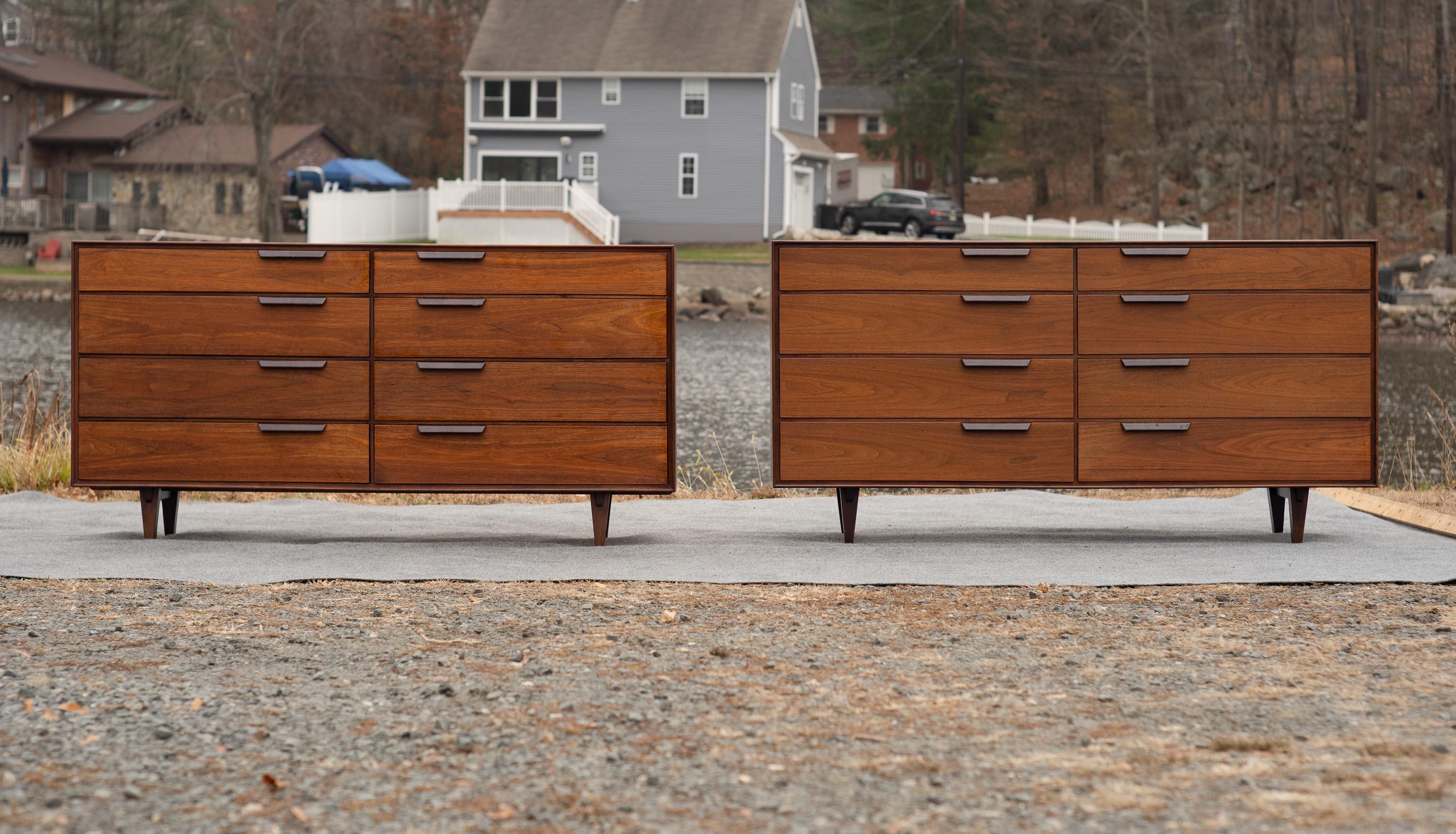 Mid-Century Modern Pair Restored Edward Wormley for Dunbar Walnut & Leather 8-Drawer Cabinets For Sale