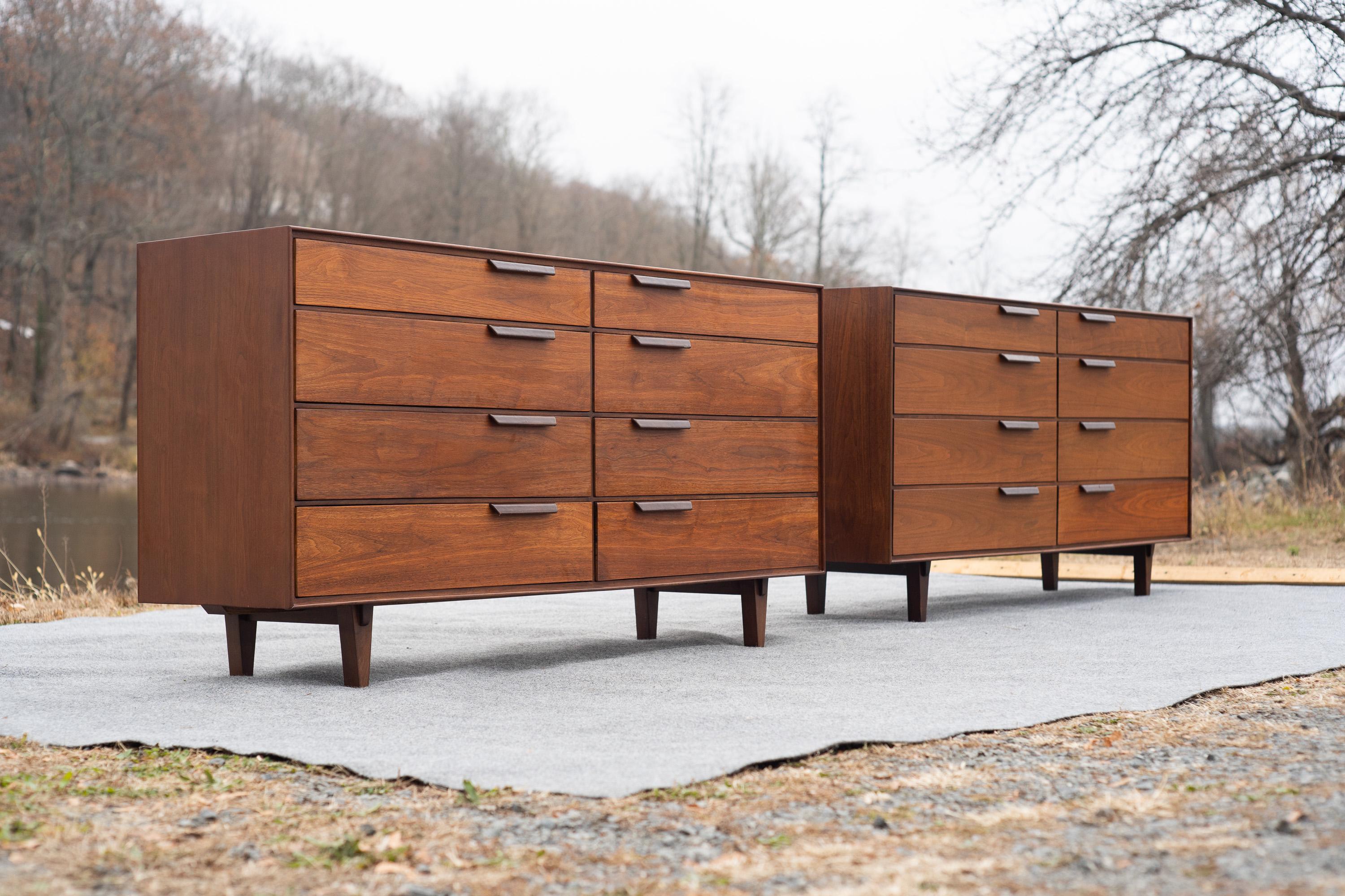 American Pair Restored Edward Wormley for Dunbar Walnut & Leather 8-Drawer Cabinets For Sale