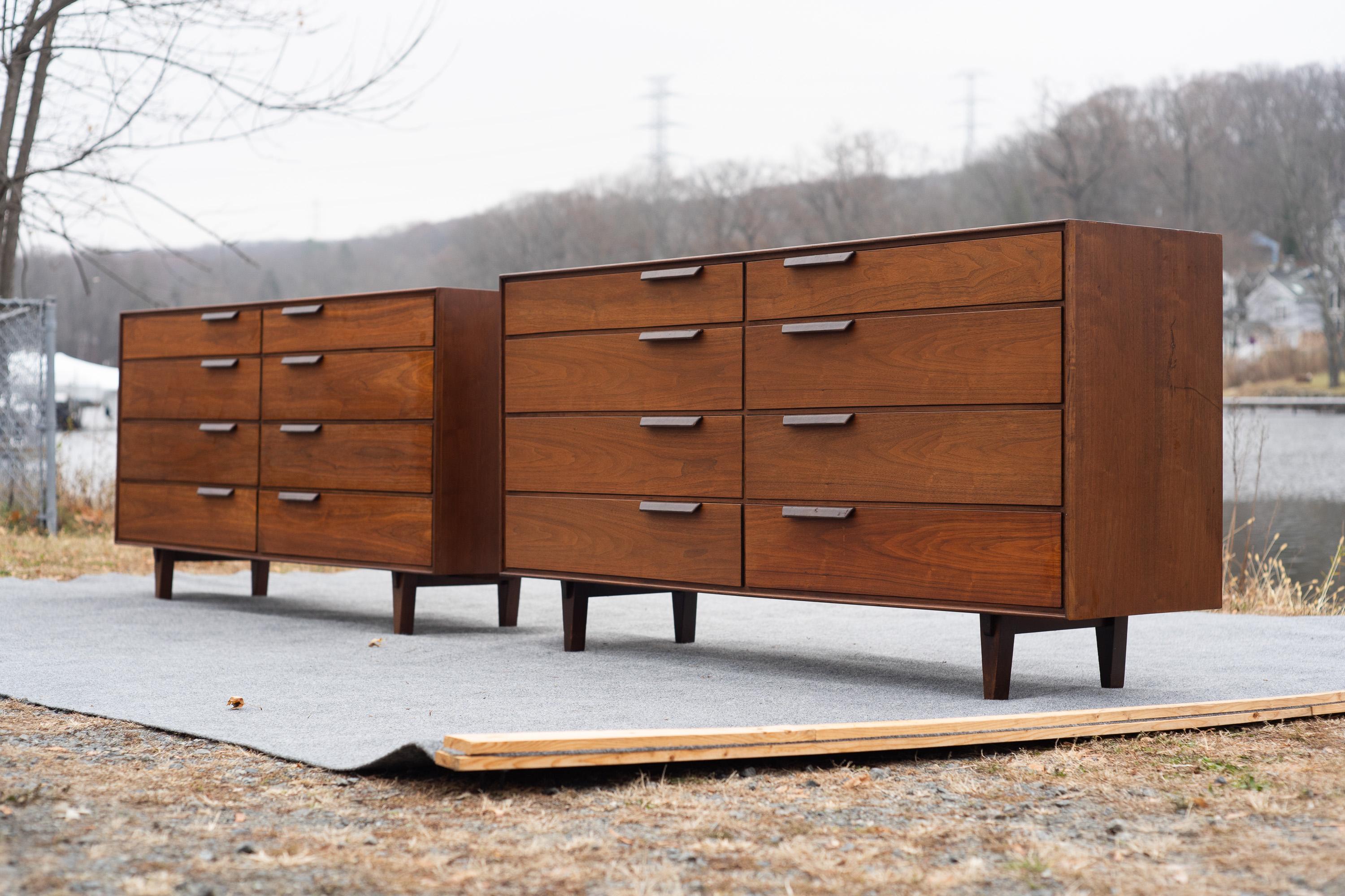 Pair Restored Edward Wormley for Dunbar Walnut & Leather 8-Drawer Cabinets In Good Condition For Sale In Philadelphia, PA