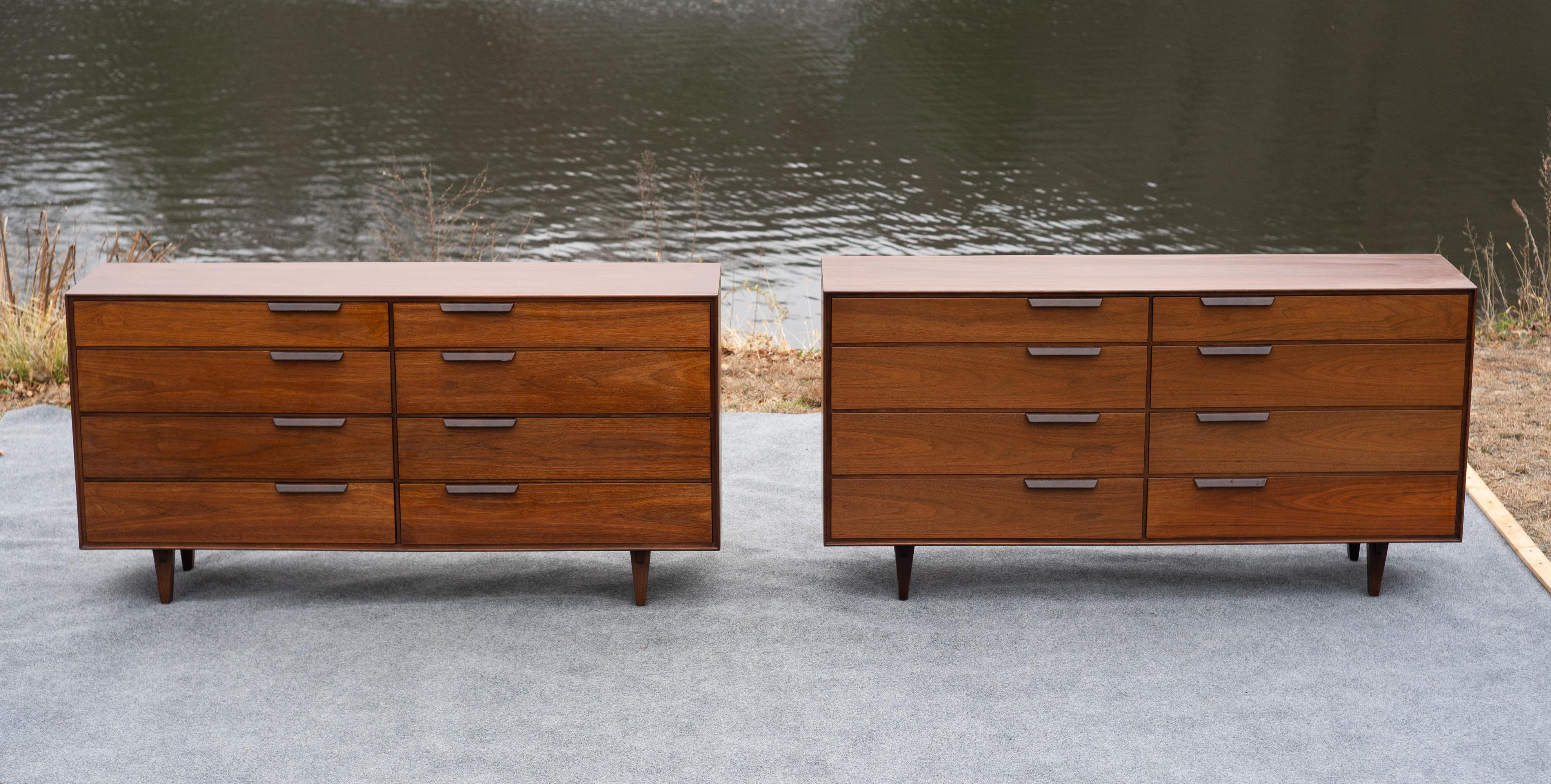 Mid-20th Century Pair Restored Edward Wormley for Dunbar Walnut & Leather 8-Drawer Cabinets For Sale