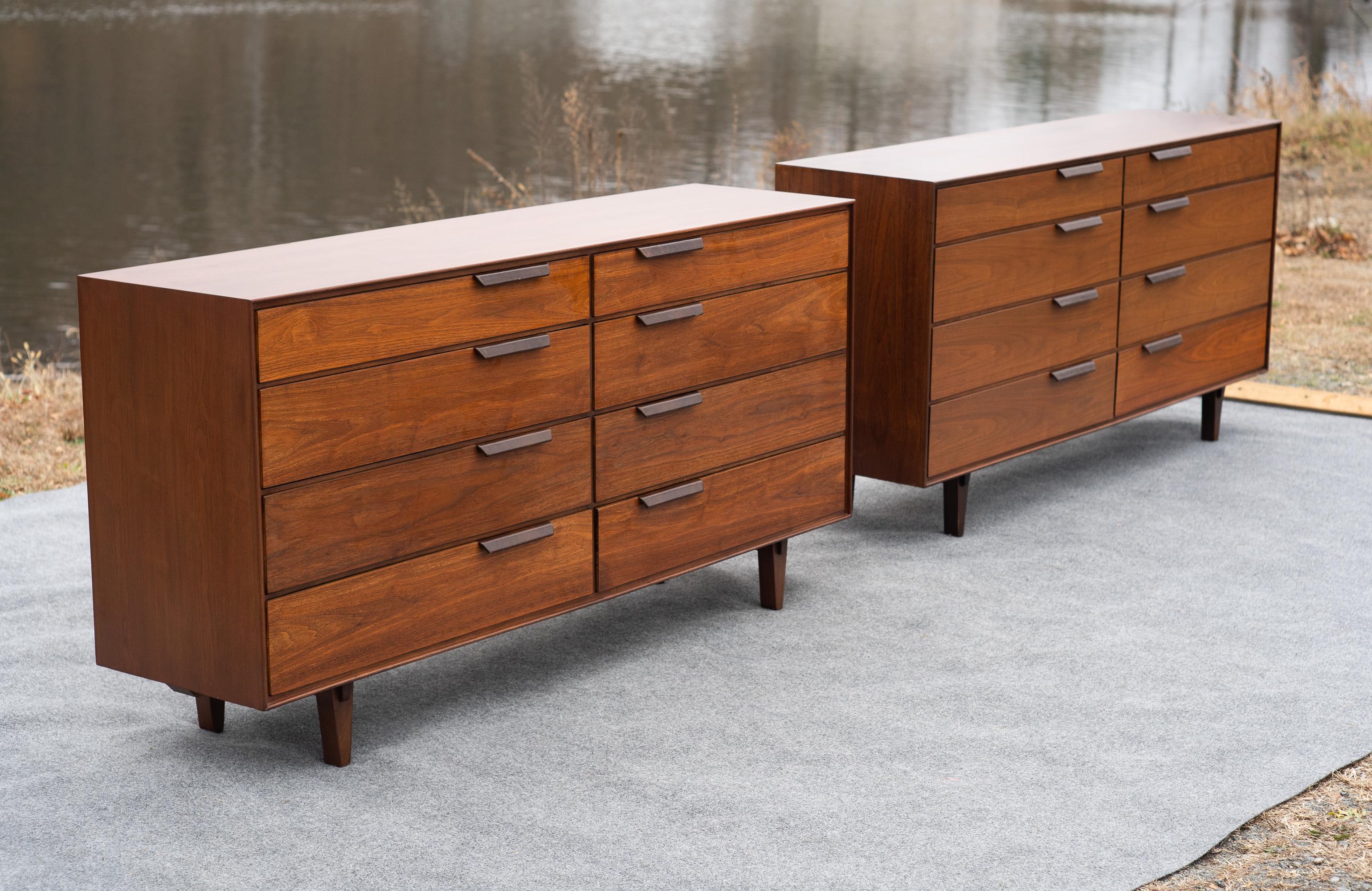 Pair Restored Edward Wormley for Dunbar Walnut & Leather 8-Drawer Cabinets For Sale 1