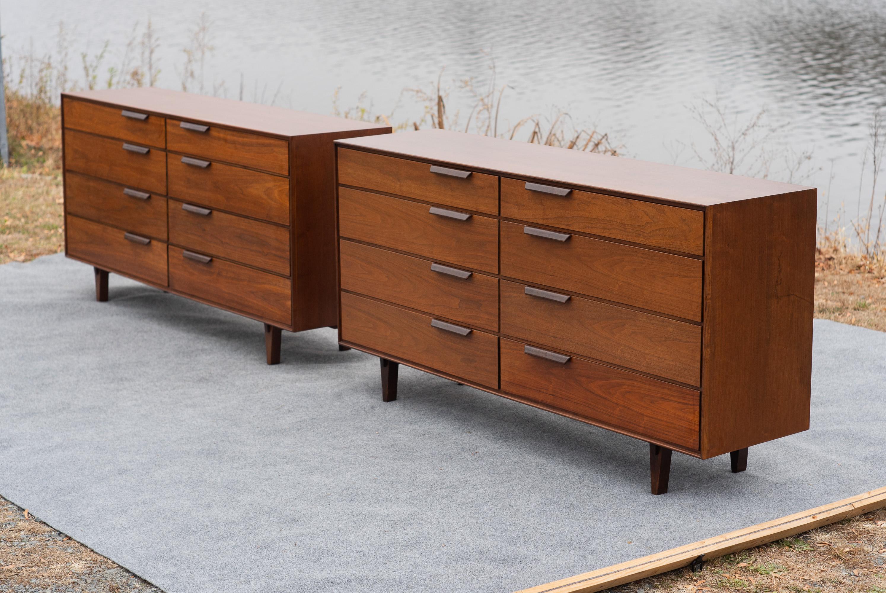 Pair Restored Edward Wormley for Dunbar Walnut & Leather 8-Drawer Cabinets For Sale 2