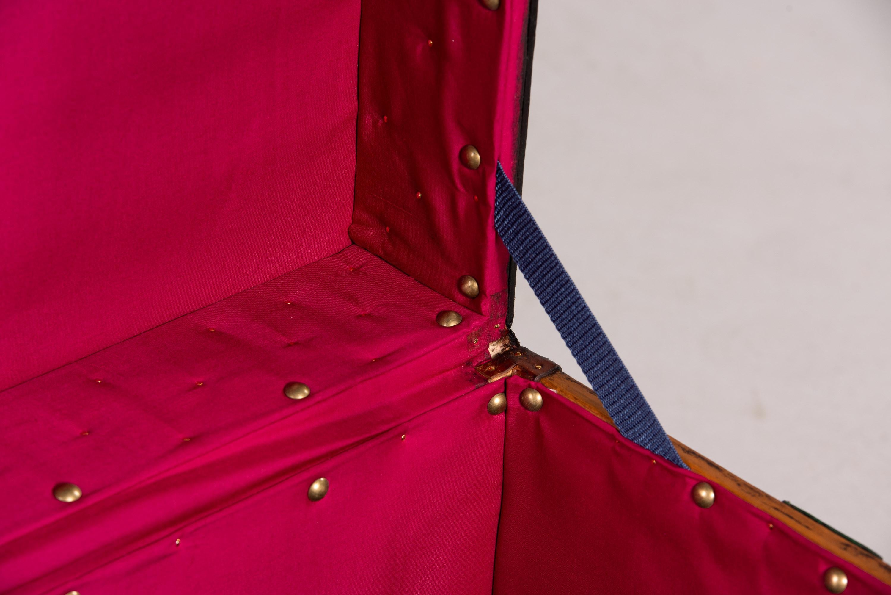 Pair Restored + Embellished English Leather Clad Trunks For Sale 5