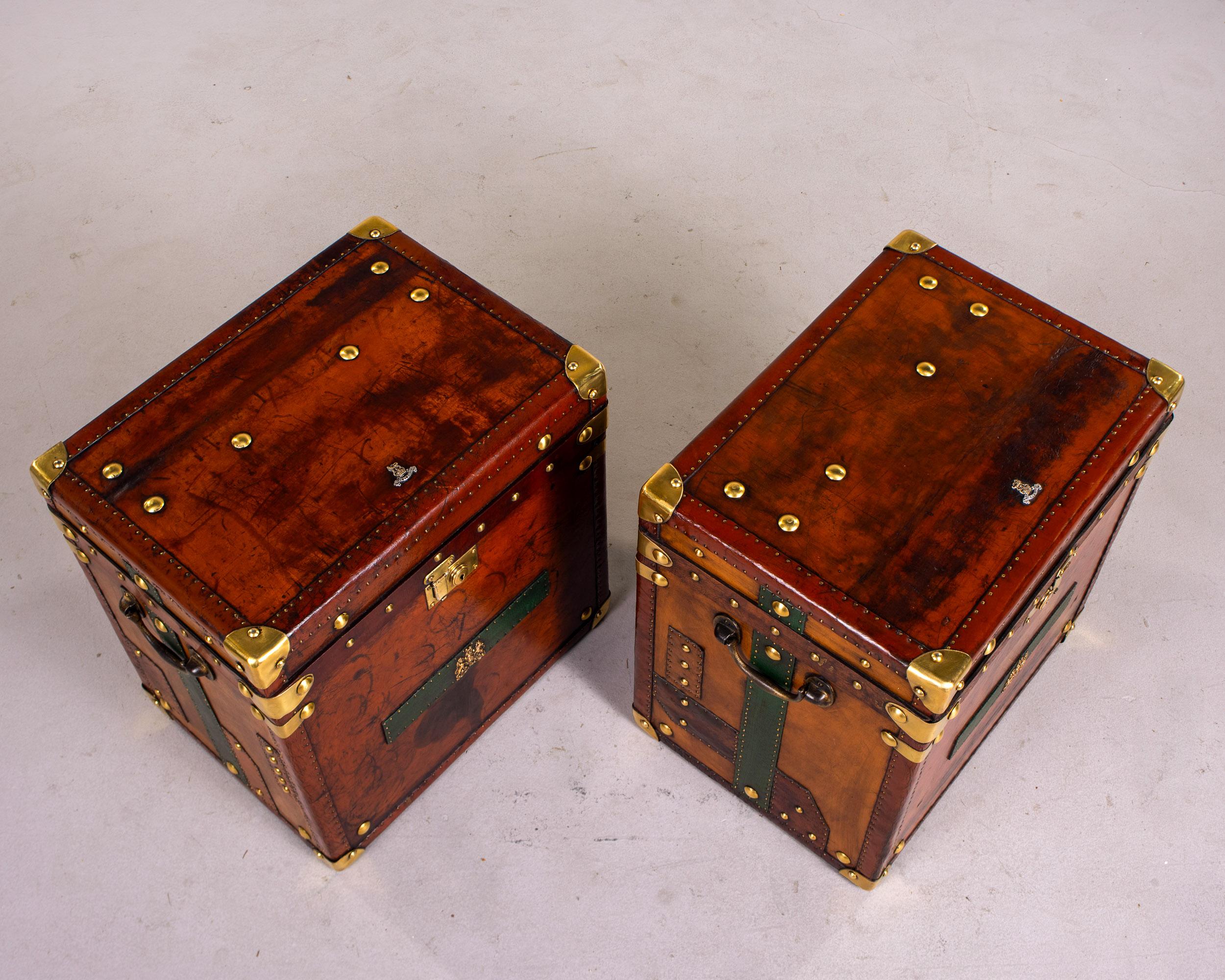 Pair Restored + Embellished English Leather Clad Trunks For Sale 6