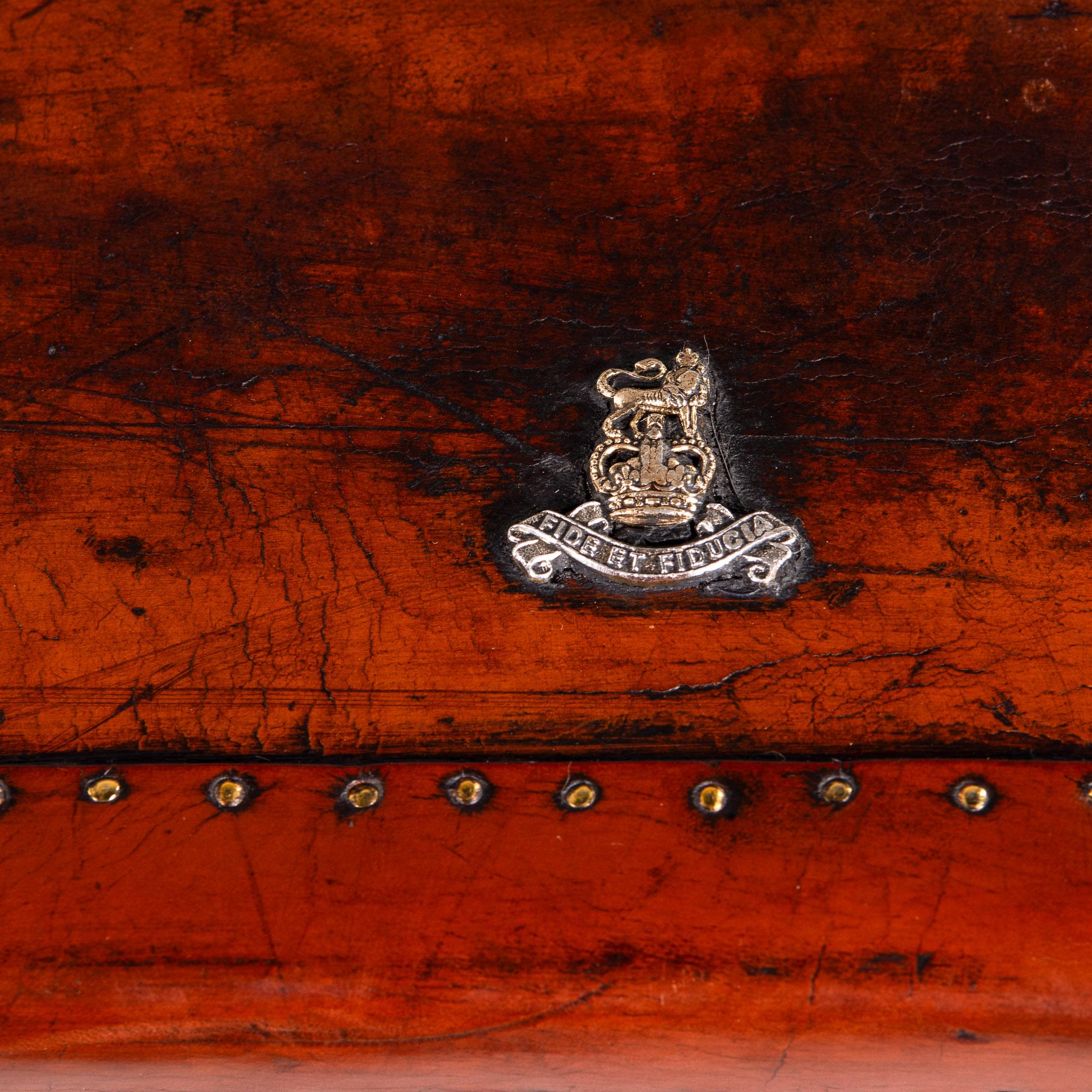 Pair Restored + Embellished English Leather Clad Trunks For Sale 7