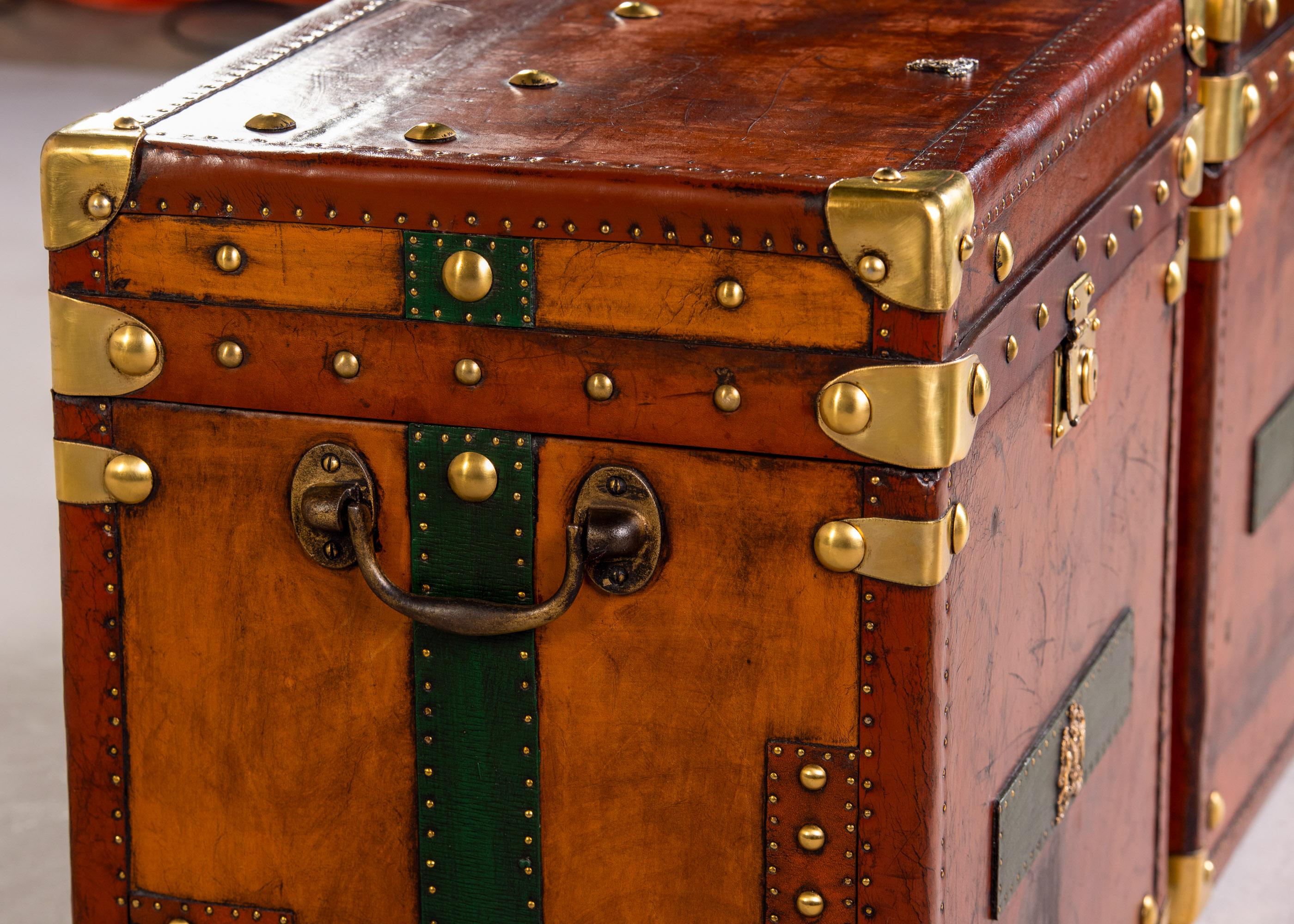 Pair Restored + Embellished English Leather Clad Trunks For Sale 8