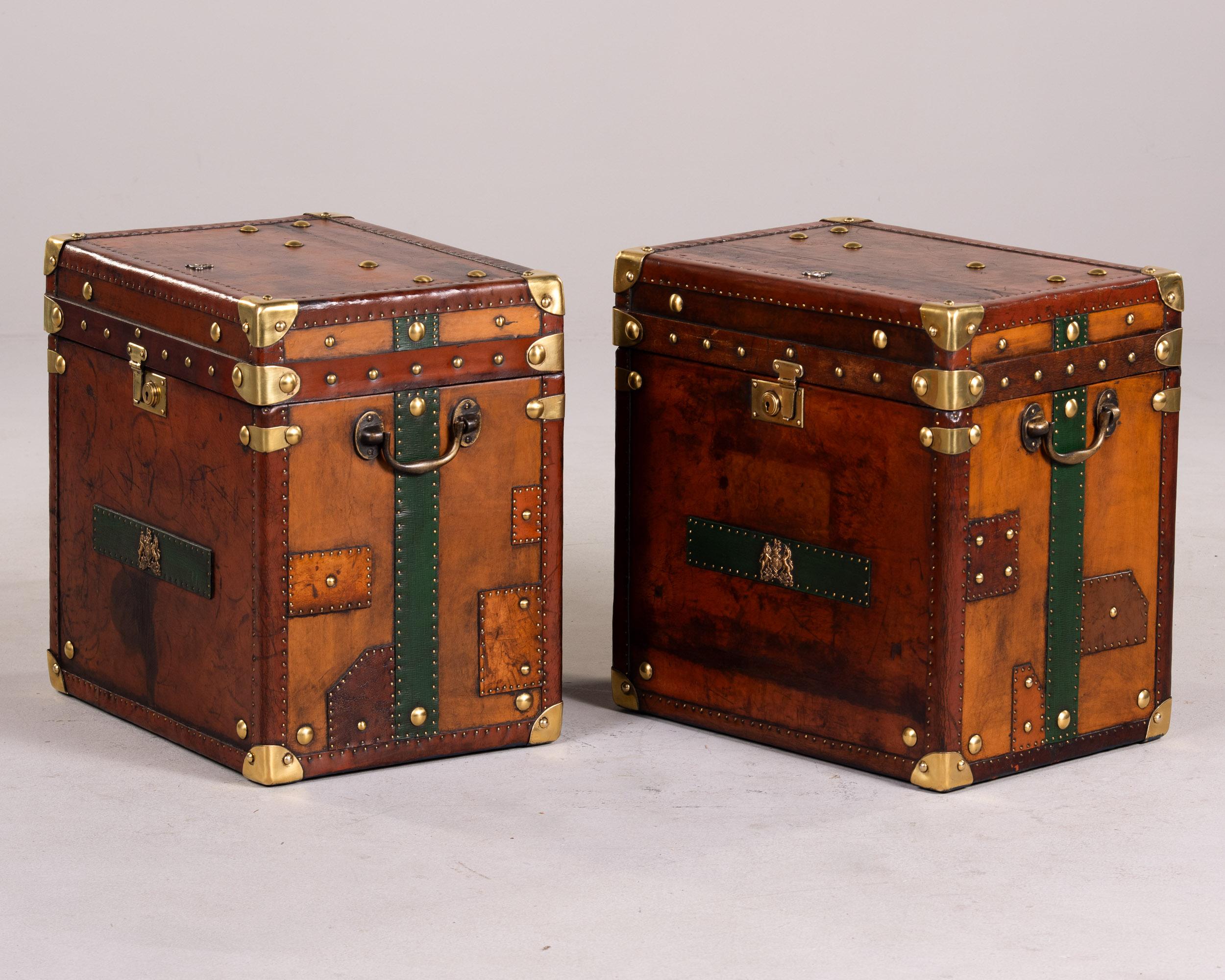 Pair Restored + Embellished English Leather Clad Trunks In Good Condition For Sale In Troy, MI
