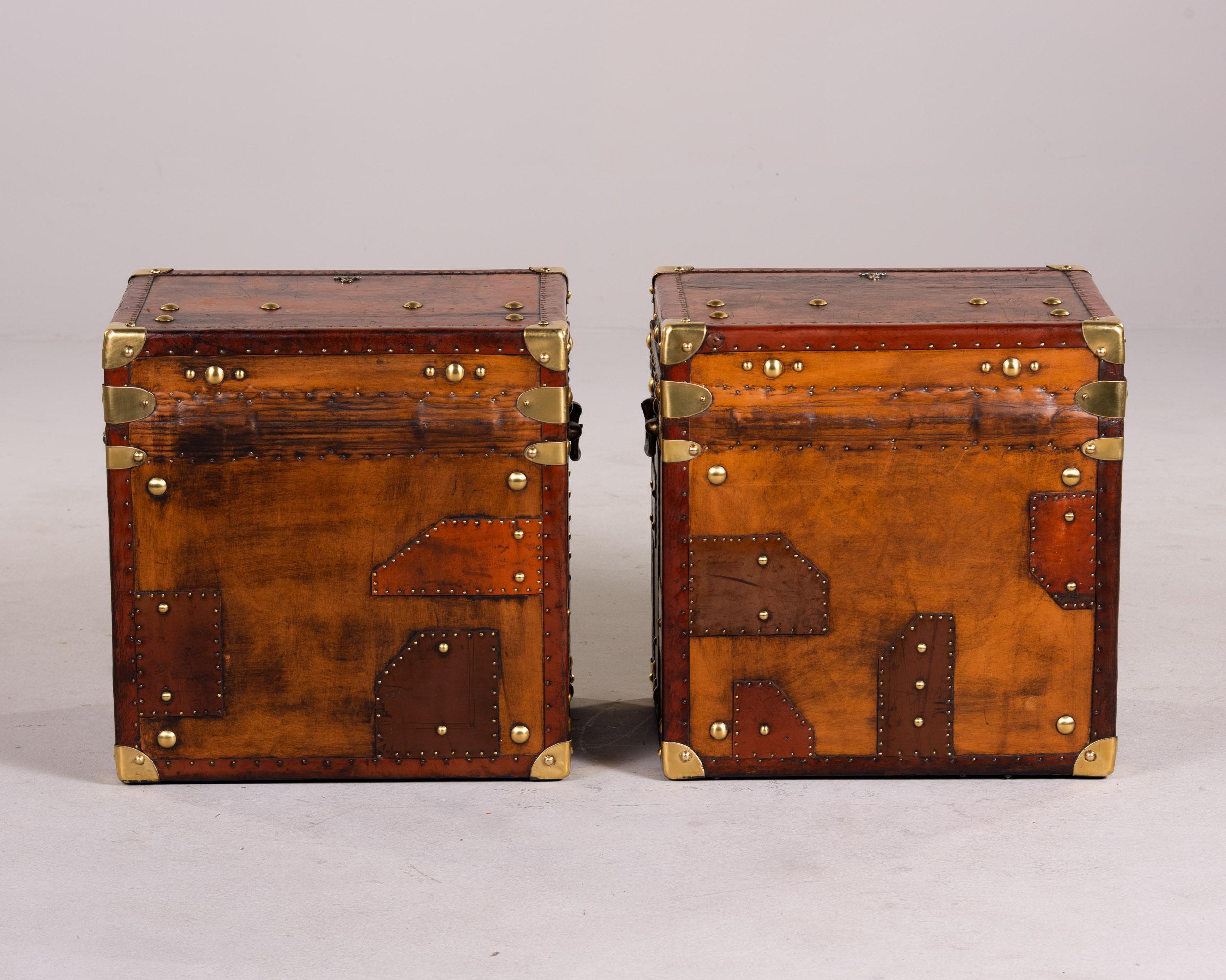 20th Century Pair Restored + Embellished English Leather Clad Trunks For Sale