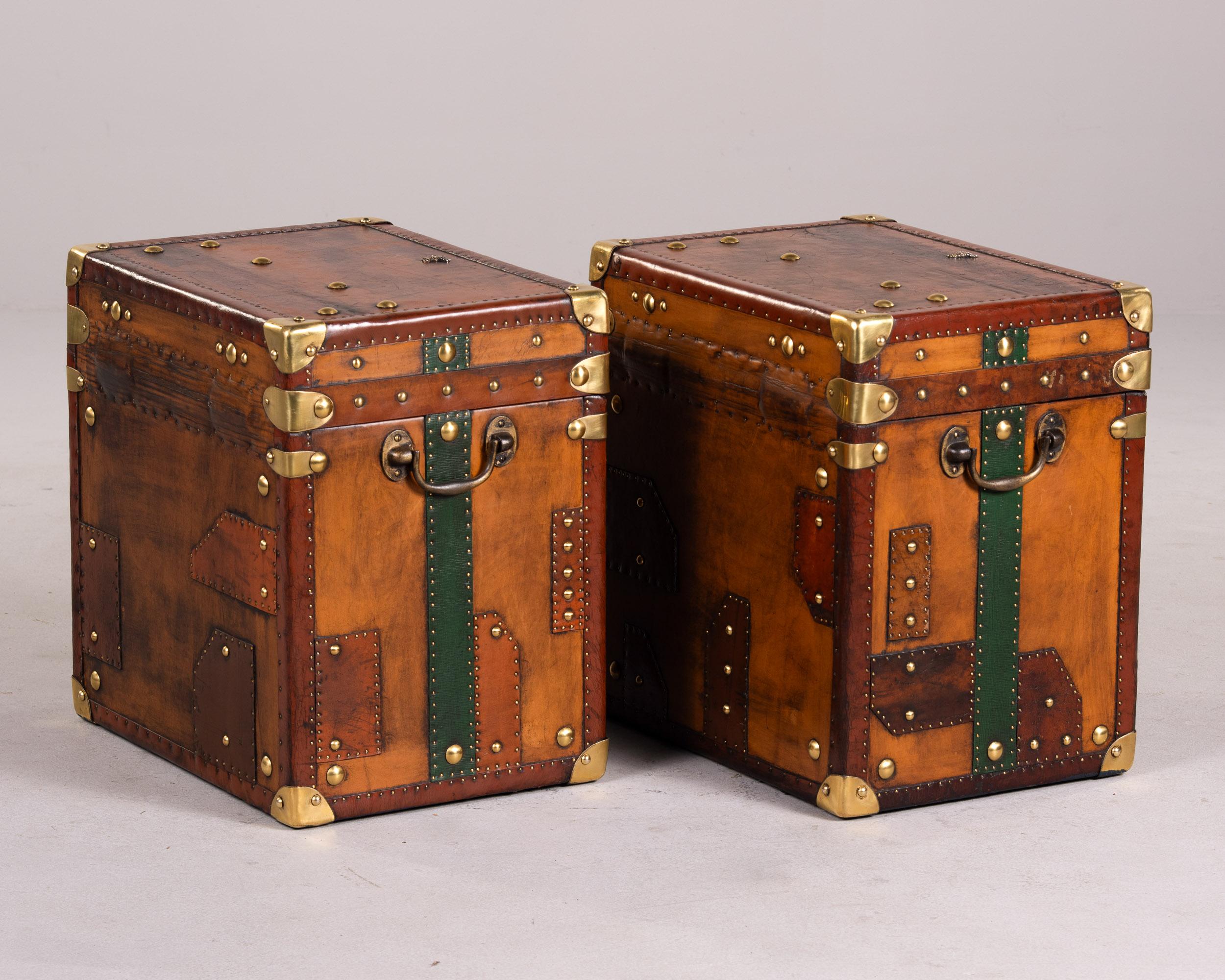 Brass Pair Restored + Embellished English Leather Clad Trunks For Sale