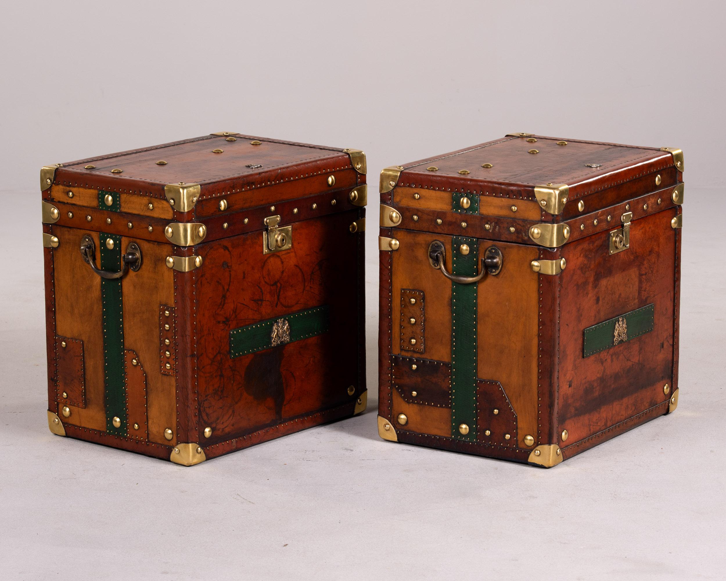 Pair Restored + Embellished English Leather Clad Trunks For Sale 1
