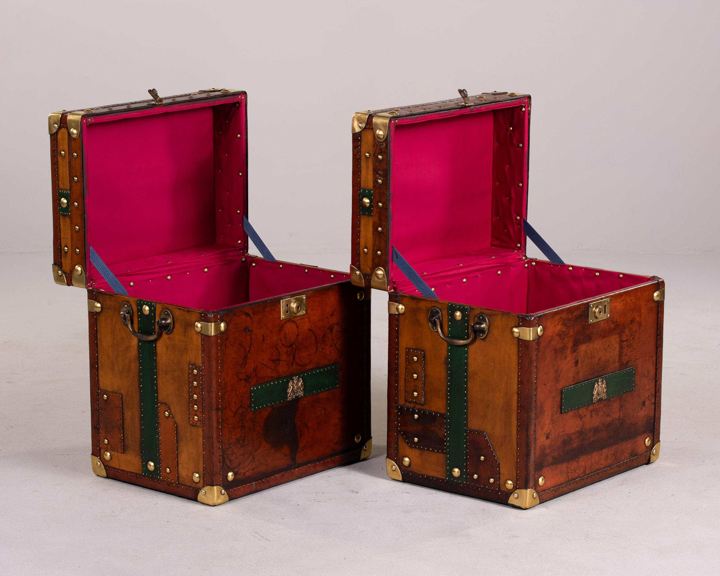 Pair Restored + Embellished English Leather Clad Trunks For Sale 2