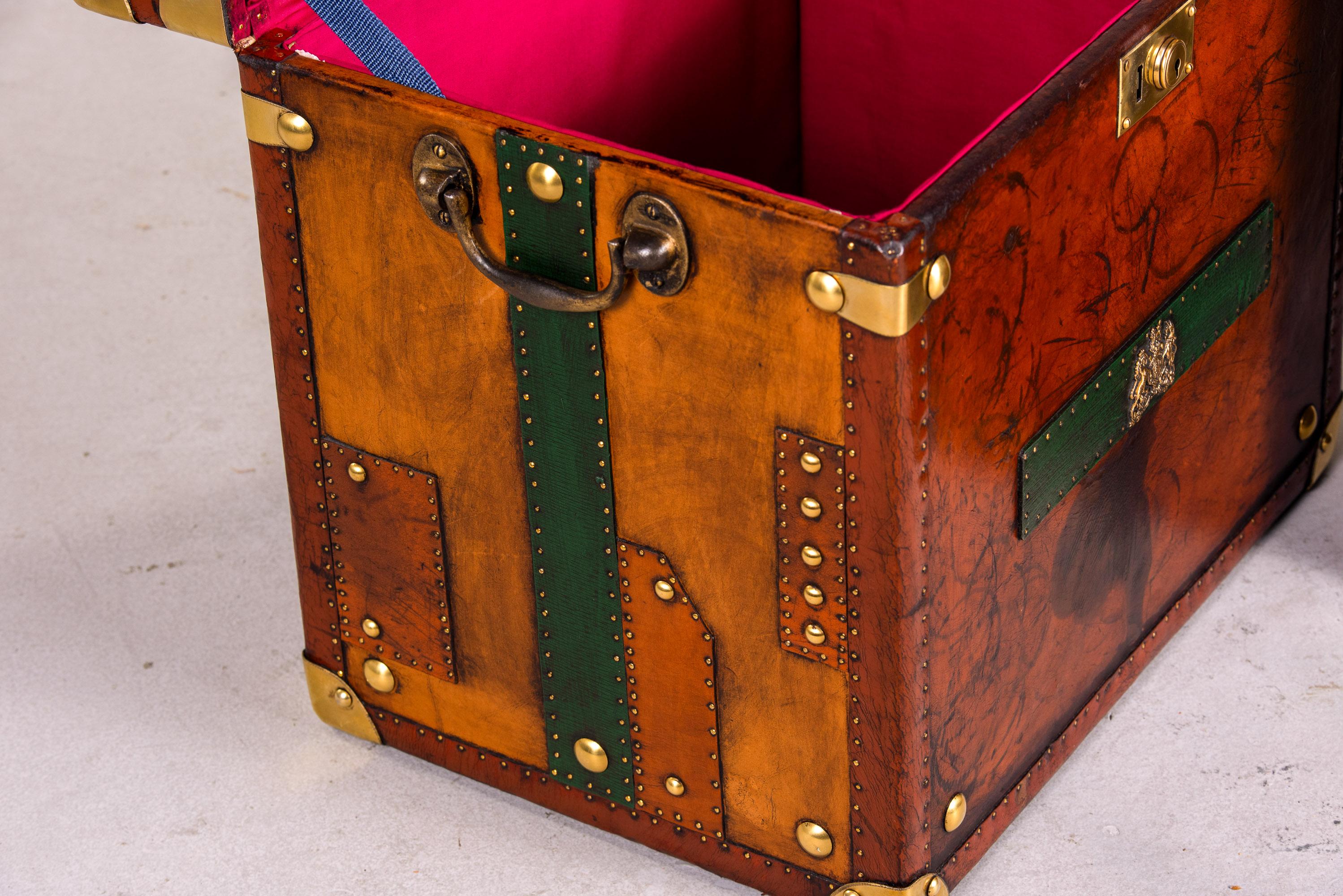 Pair Restored + Embellished English Leather Clad Trunks For Sale 3