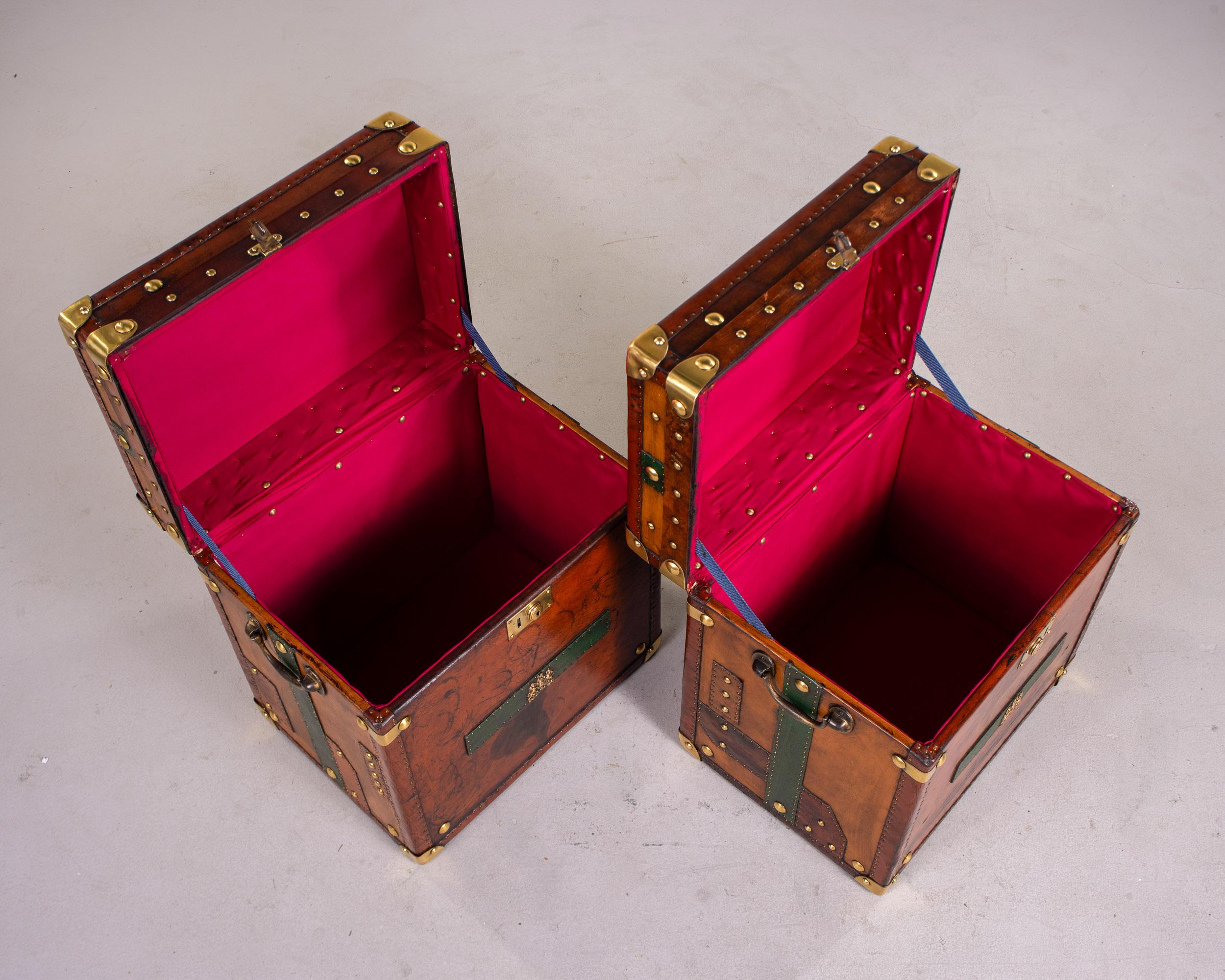 Pair Restored + Embellished English Leather Clad Trunks For Sale 4