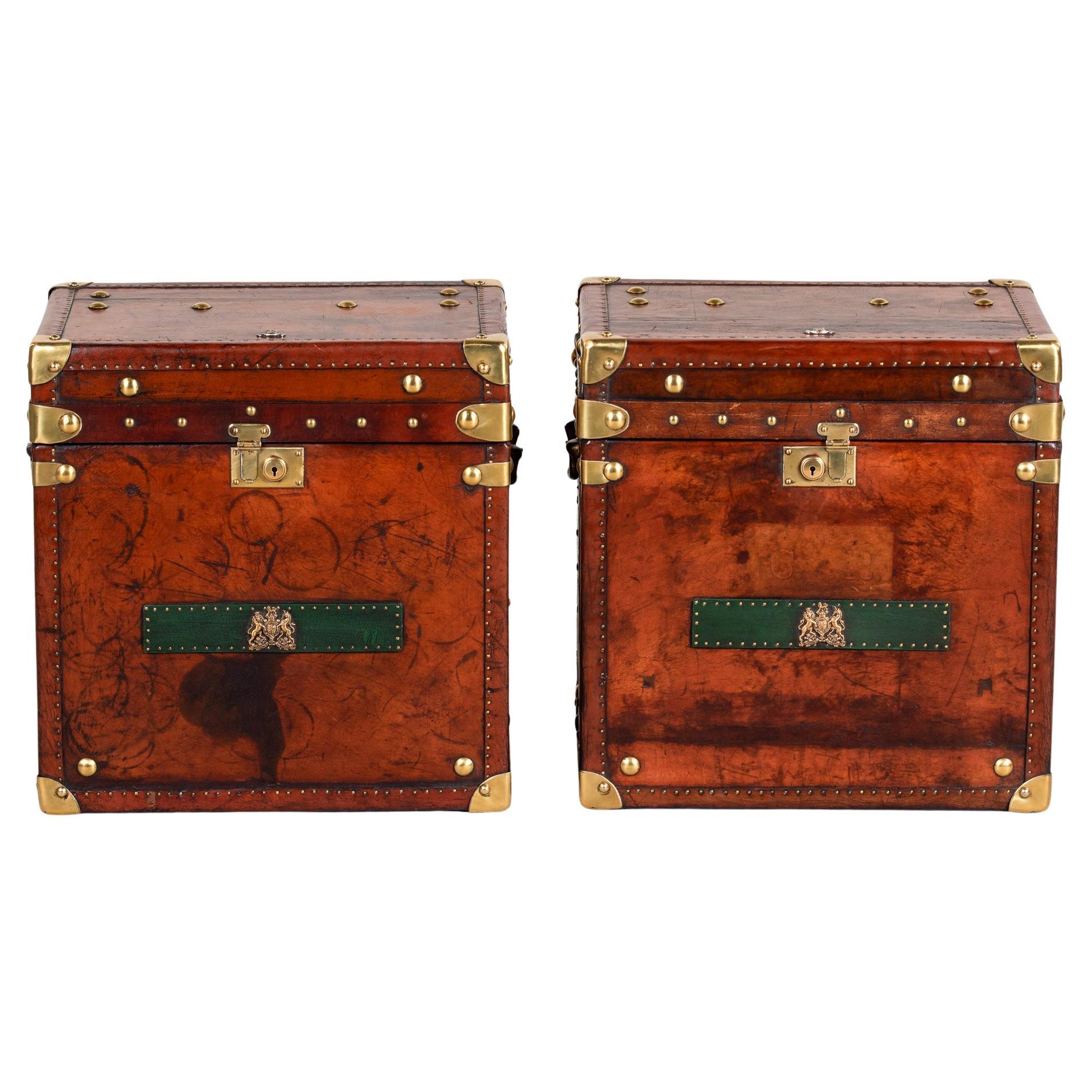 Pair Restored + Embellished English Leather Clad Trunks For Sale