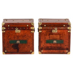 Antique Pair Restored + Embellished English Leather Clad Trunks