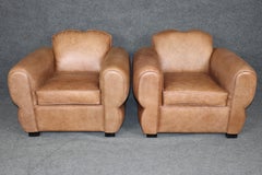 Pair Restored French Art Deco Style Leather Distressed Moustache Club Chairs