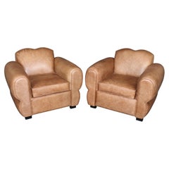 Pair Restored French Art Deco Style Leather Distressed Moustache Club Chairs
