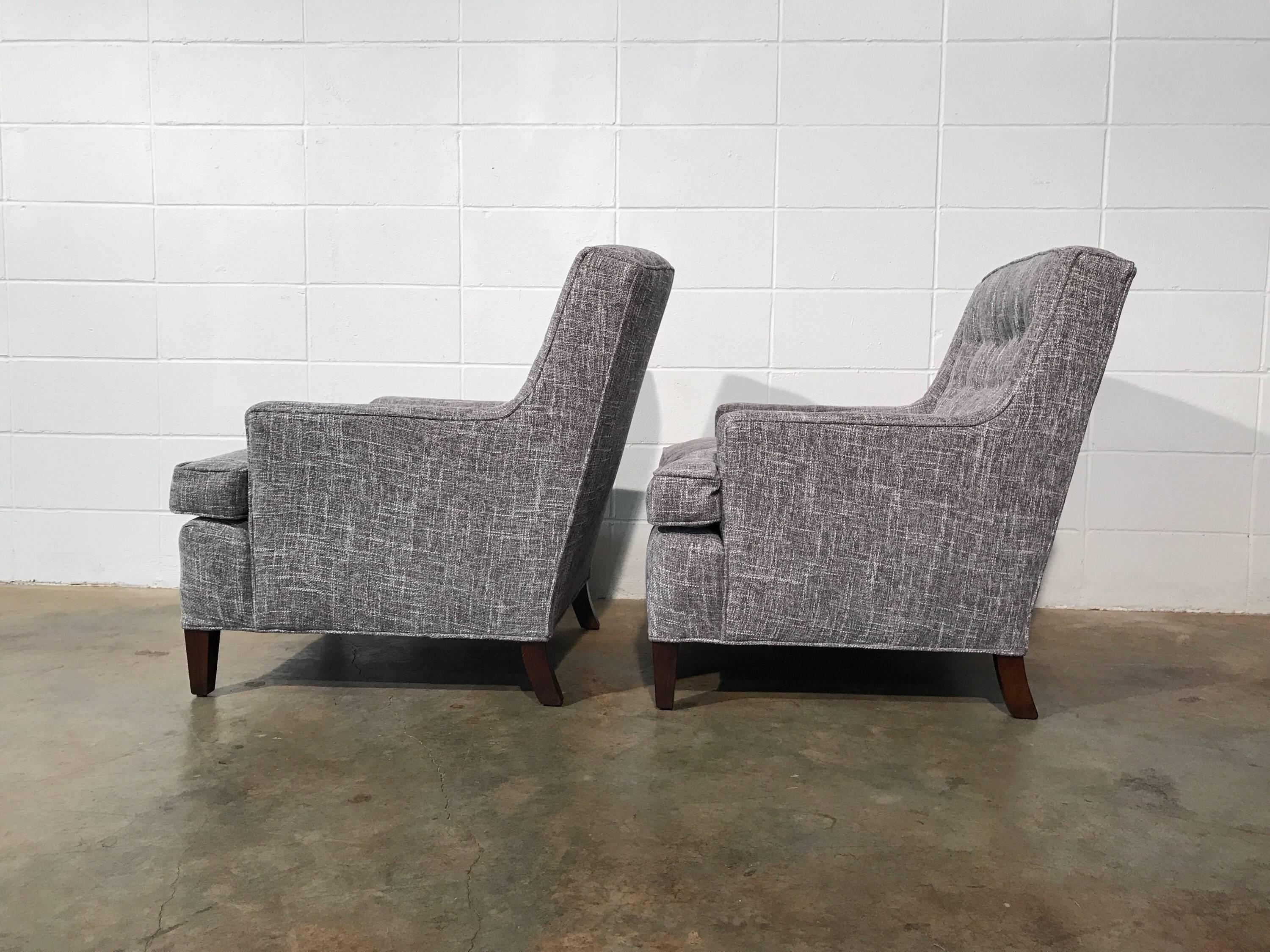 American Pair of Restored Mid-Century Modern Lounge Chairs, Gray Upholstery