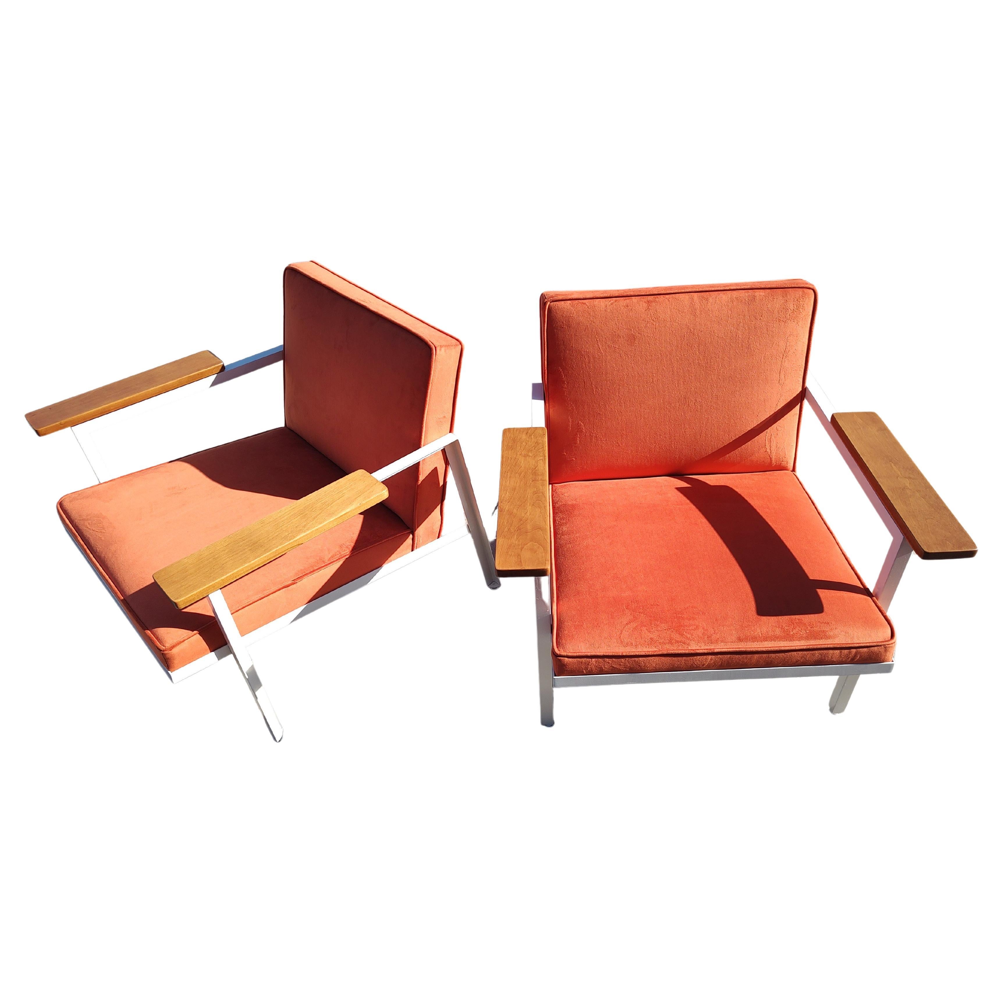 Spectacular and rare  early pair of steel framed lounge chairs, #5080 by George Nelson for Herman Miller. Totally restored to their original glory. New cotton velvet upholstery with all new foam, steel frames sand blasted and repainted white and the