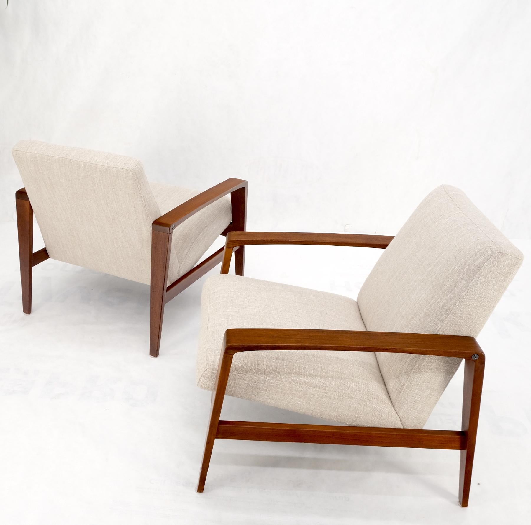 Pair Restored New Oatmeal Upholstery Teak Mid-Century Modern Lounge Arm Chairs For Sale 7