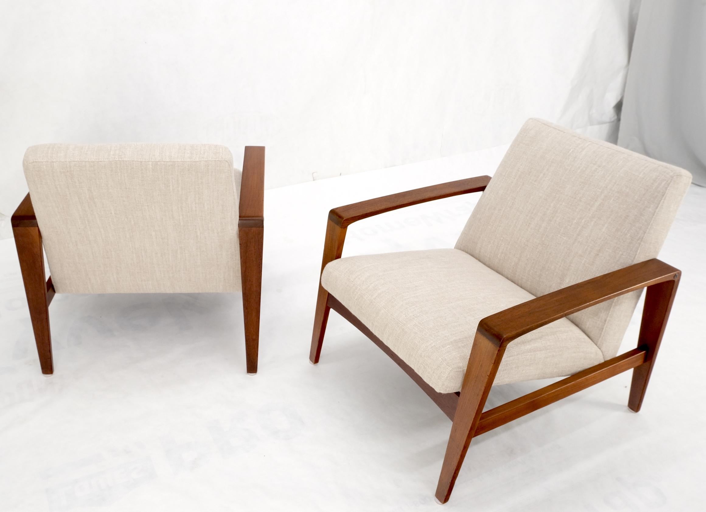 Pair Restored New Oatmeal Upholstery Teak Mid-Century Modern Lounge Arm Chairs For Sale 8