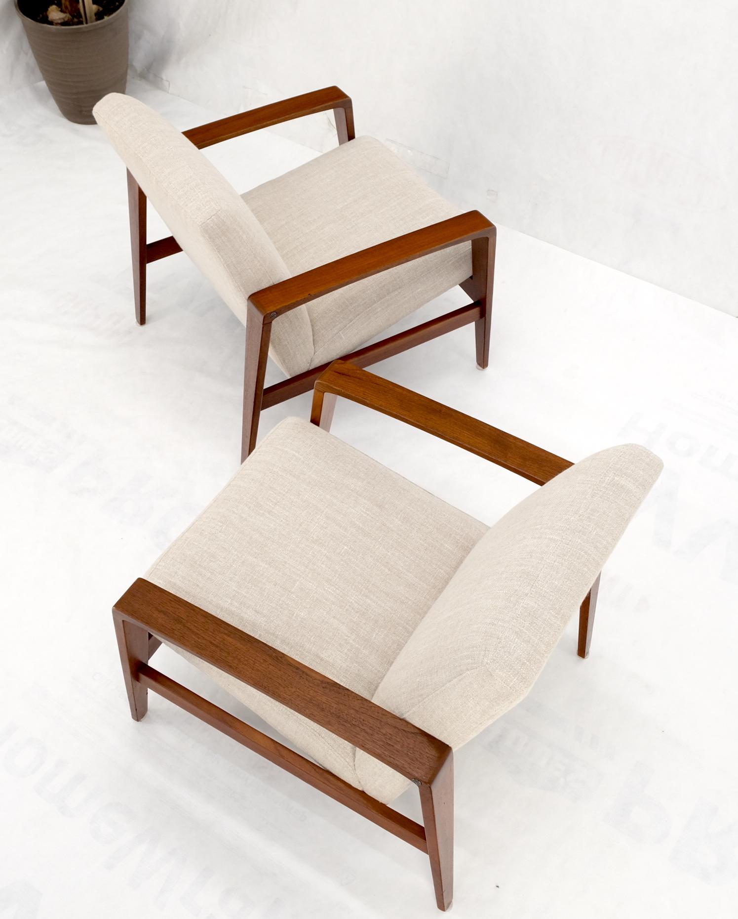 Pair Restored New Oatmeal Upholstery Teak Mid-Century Modern Lounge Arm Chairs For Sale 9