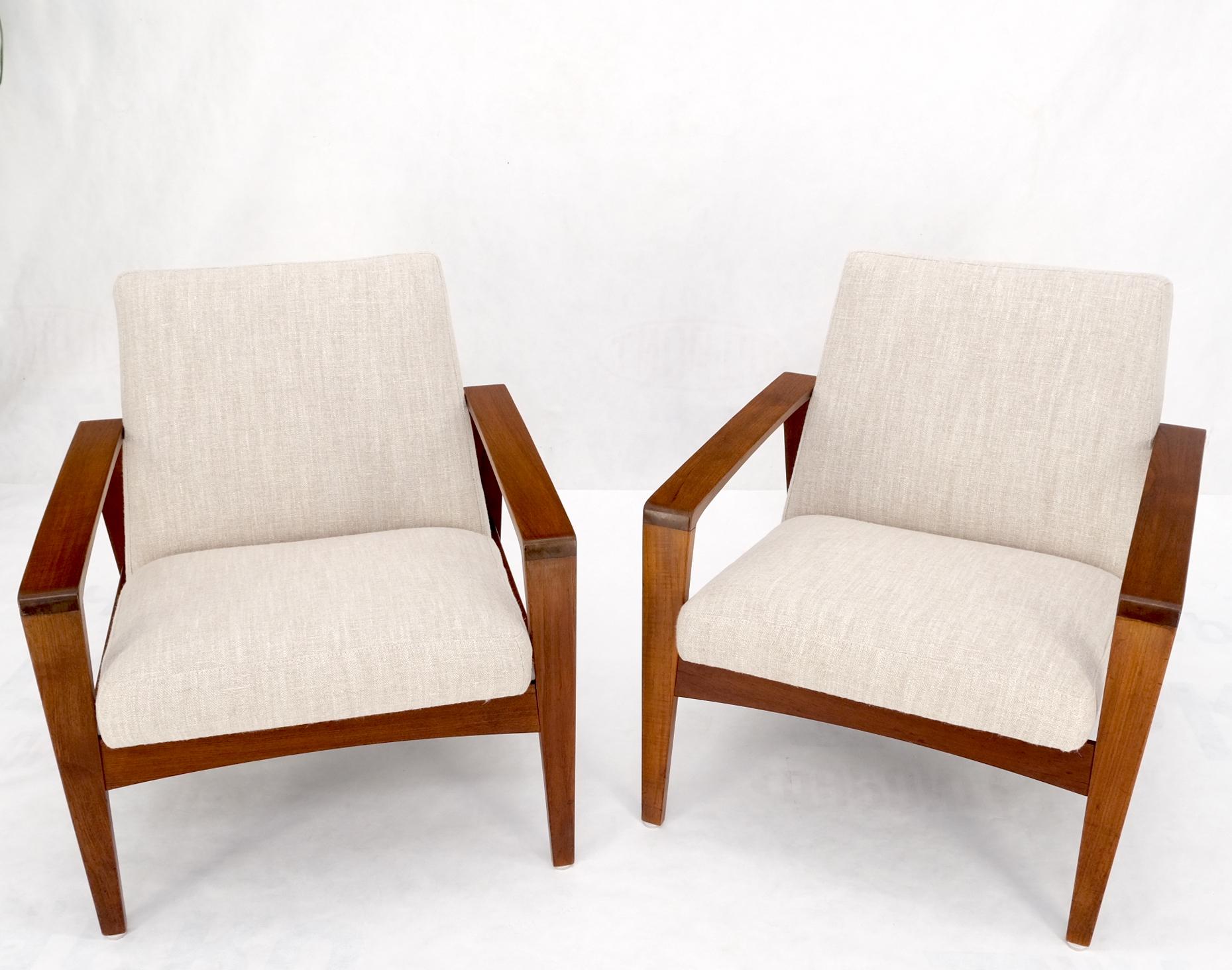 Pair Restored New Oatmeal Upholstery Teak Mid-Century Modern Lounge Arm Chairs For Sale 10