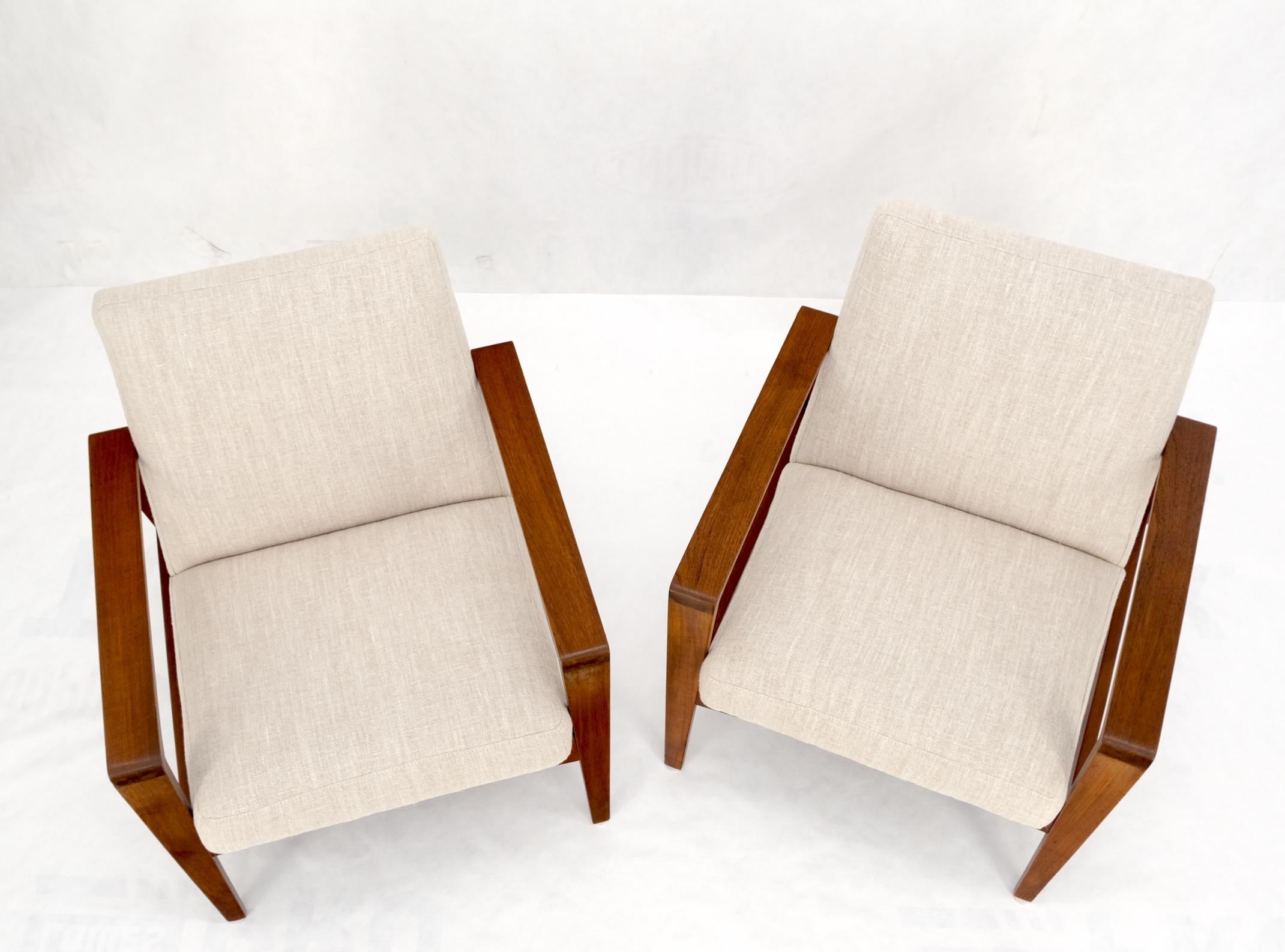 Pair Restored New Oatmeal Upholstery Teak Mid-Century Modern Lounge Arm Chairs For Sale 11