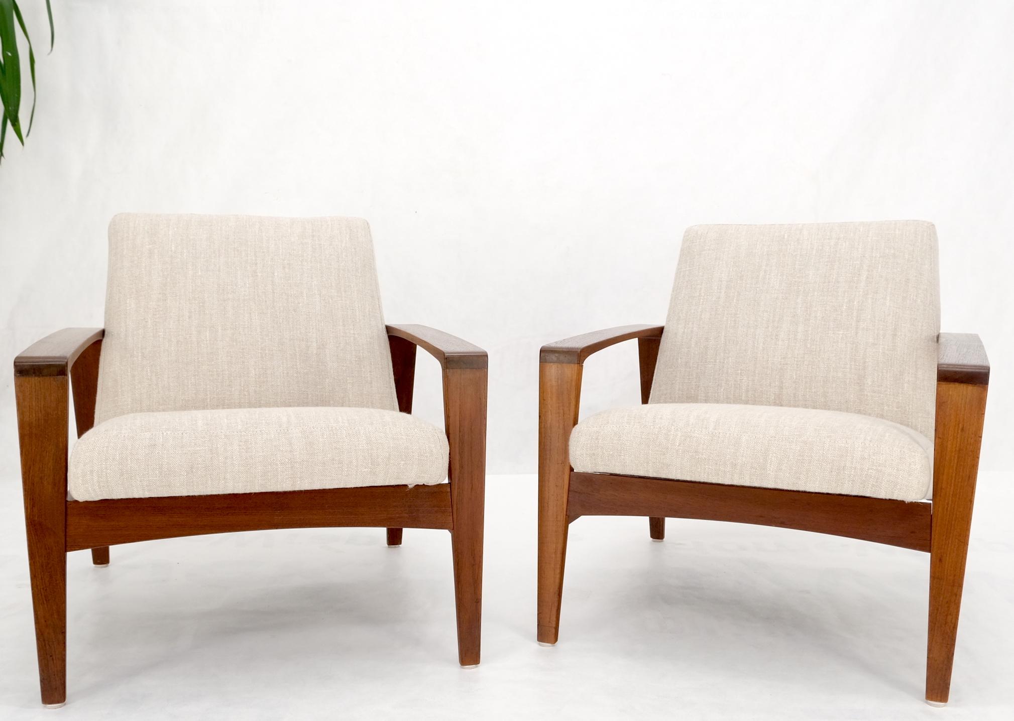Pair Restored New Oatmeal Upholstery Teak Mid-Century Modern Lounge Arm Chairs For Sale 12