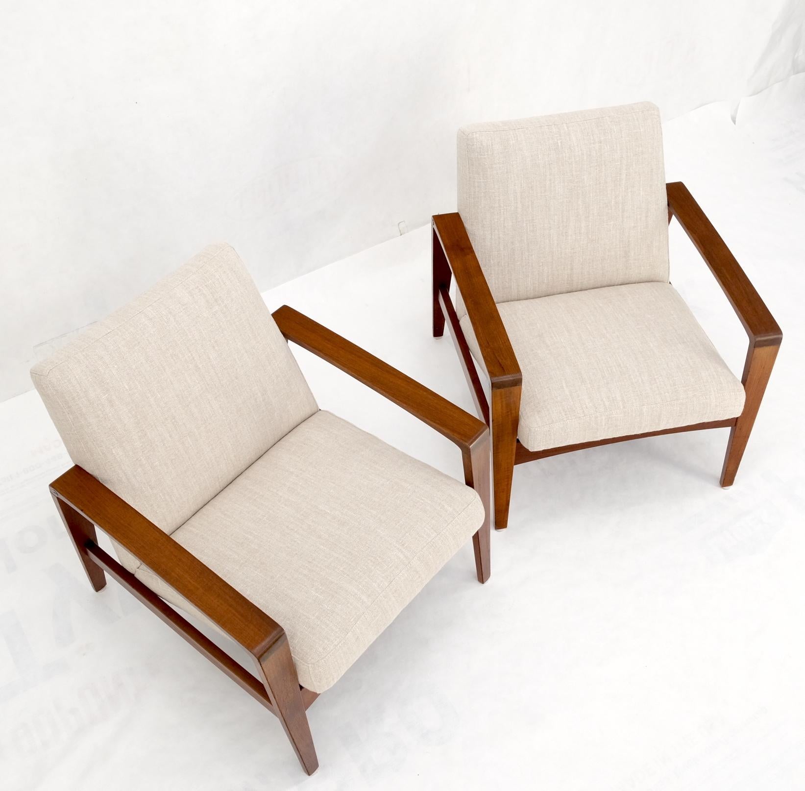 Pair Restored New Oatmeal Upholstery Teak Mid-Century Modern Lounge Arm Chairs For Sale 13