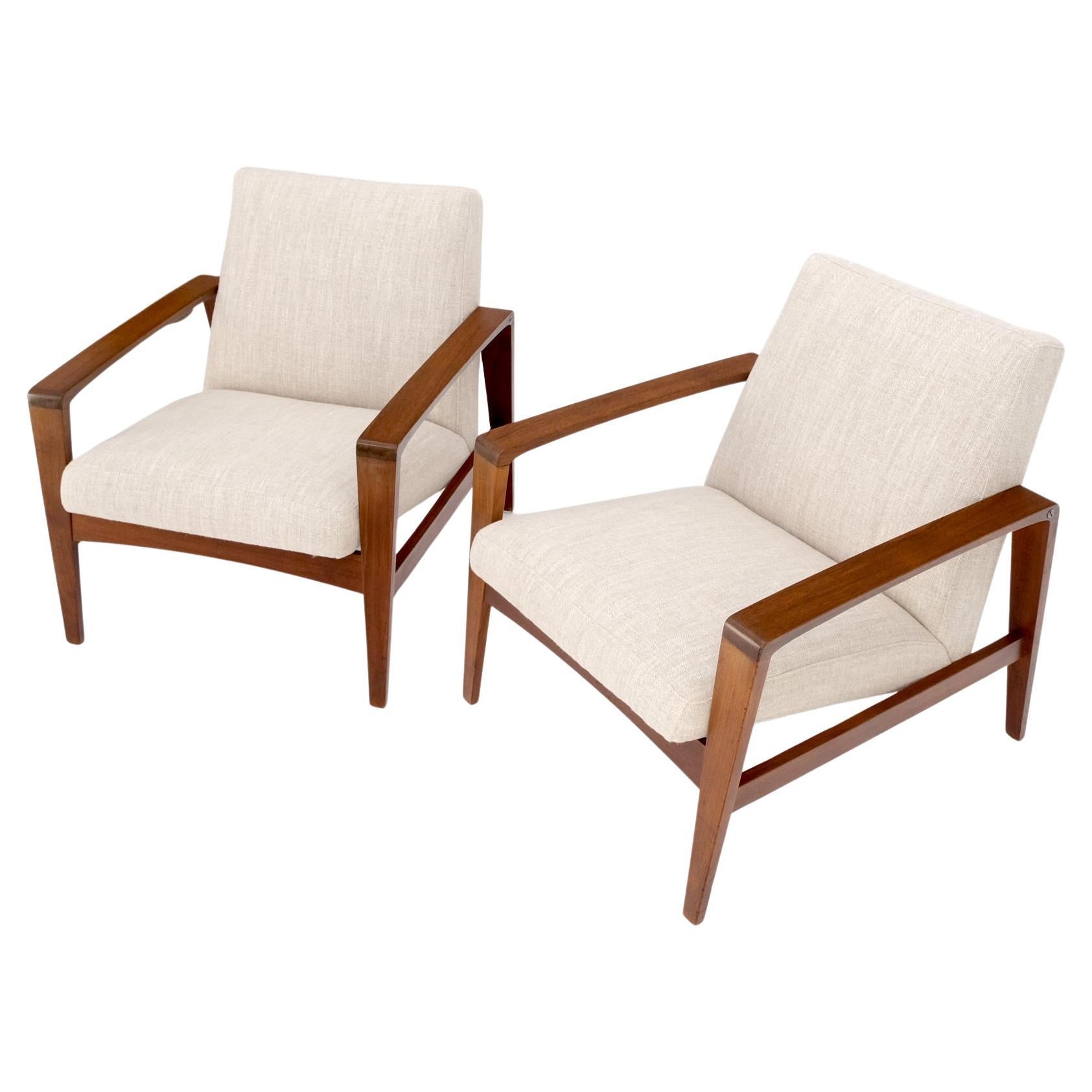 Pair restored new oatmeal upholstery teak Mid-Century Modern Lounge arm chairs.
