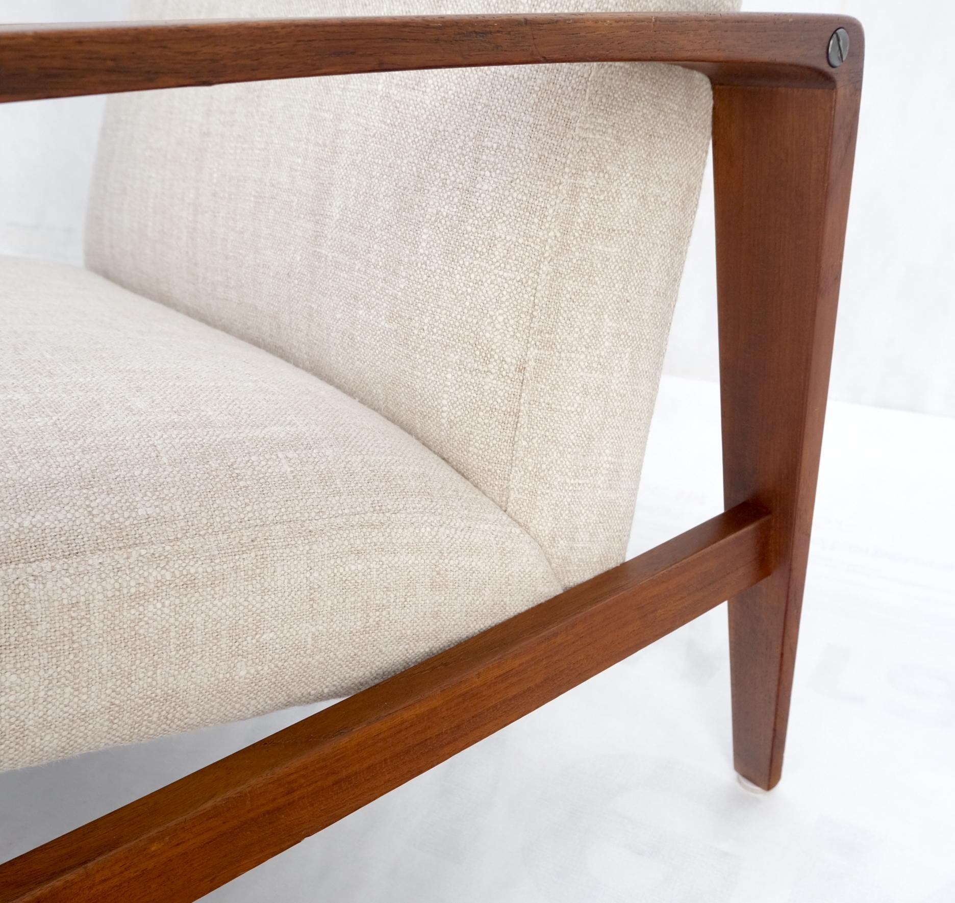 American Pair Restored New Oatmeal Upholstery Teak Mid-Century Modern Lounge Arm Chairs For Sale
