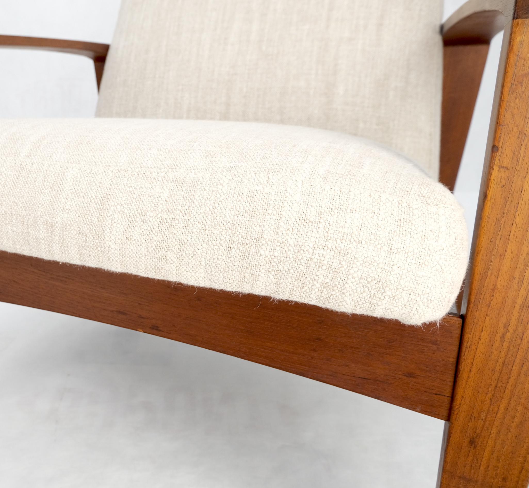 Pair Restored New Oatmeal Upholstery Teak Mid-Century Modern Lounge Arm Chairs In Good Condition For Sale In Rockaway, NJ