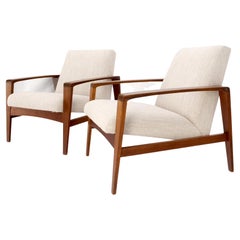 Vintage Pair Restored New Oatmeal Upholstery Teak Mid-Century Modern Lounge Arm Chairs