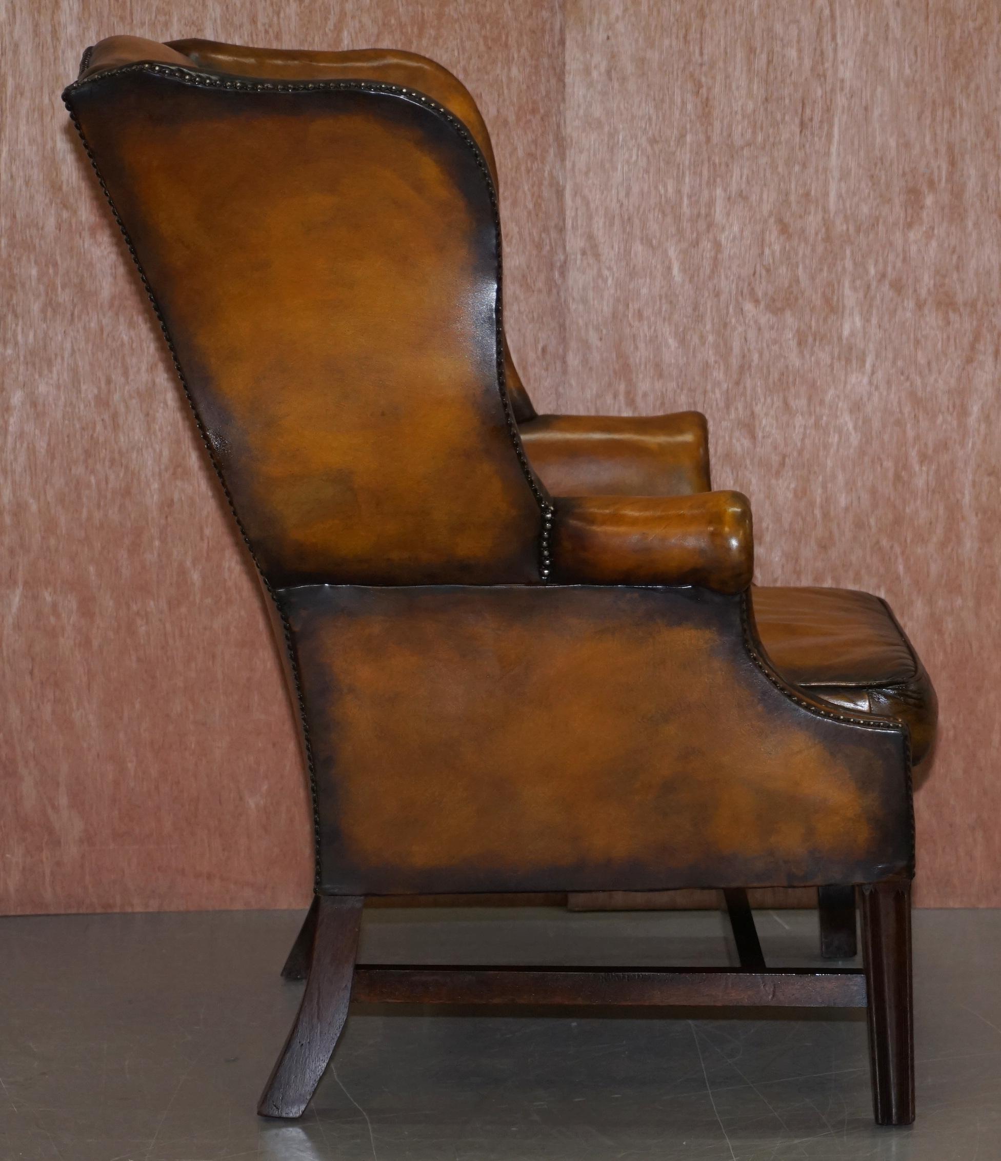 Restored of His & Hers Chesterfield Wingback Armchairs Cigar Brown Leather, Pair 4