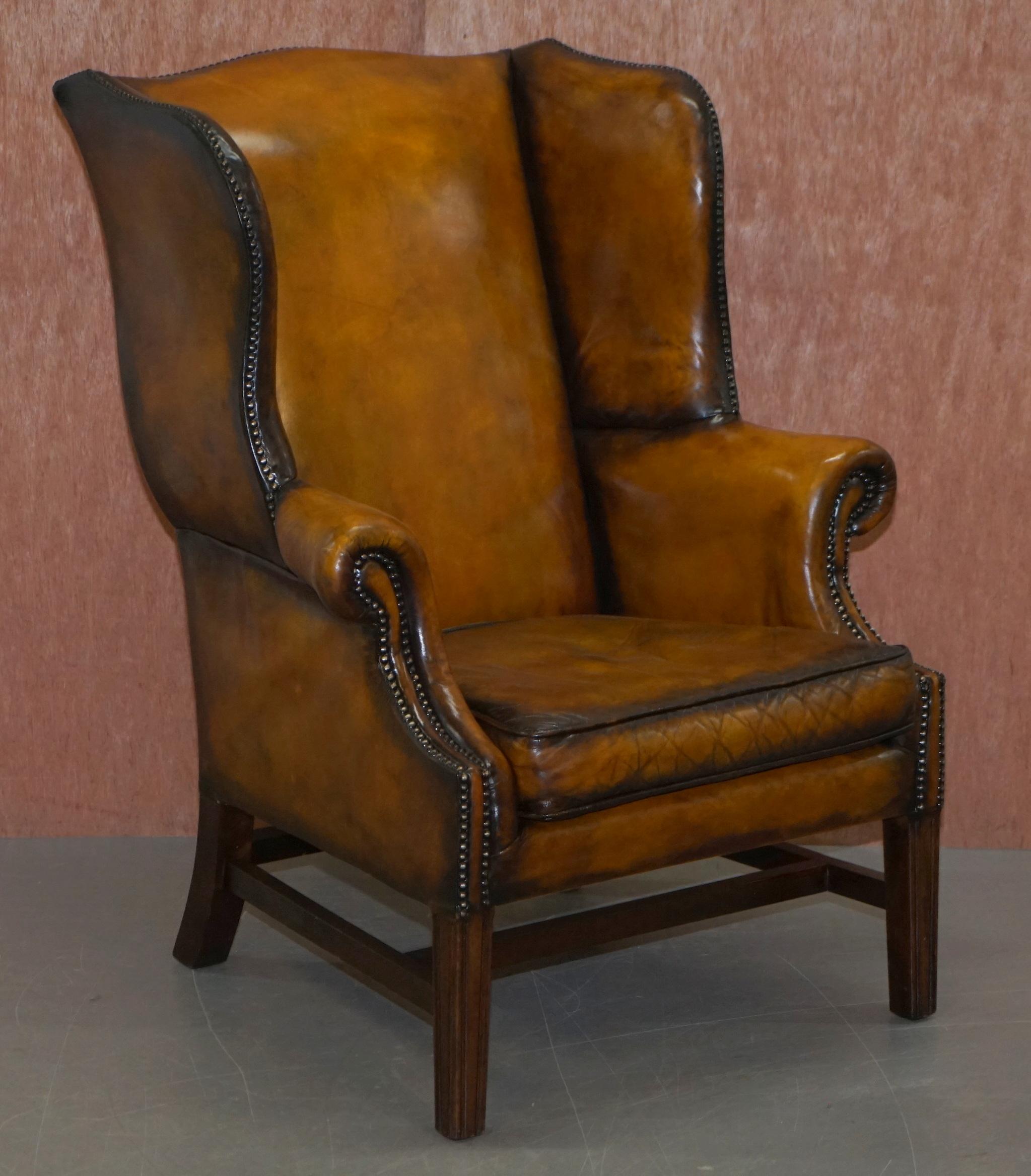 Restored of His & Hers Chesterfield Wingback Armchairs Cigar Brown Leather, Pair 6