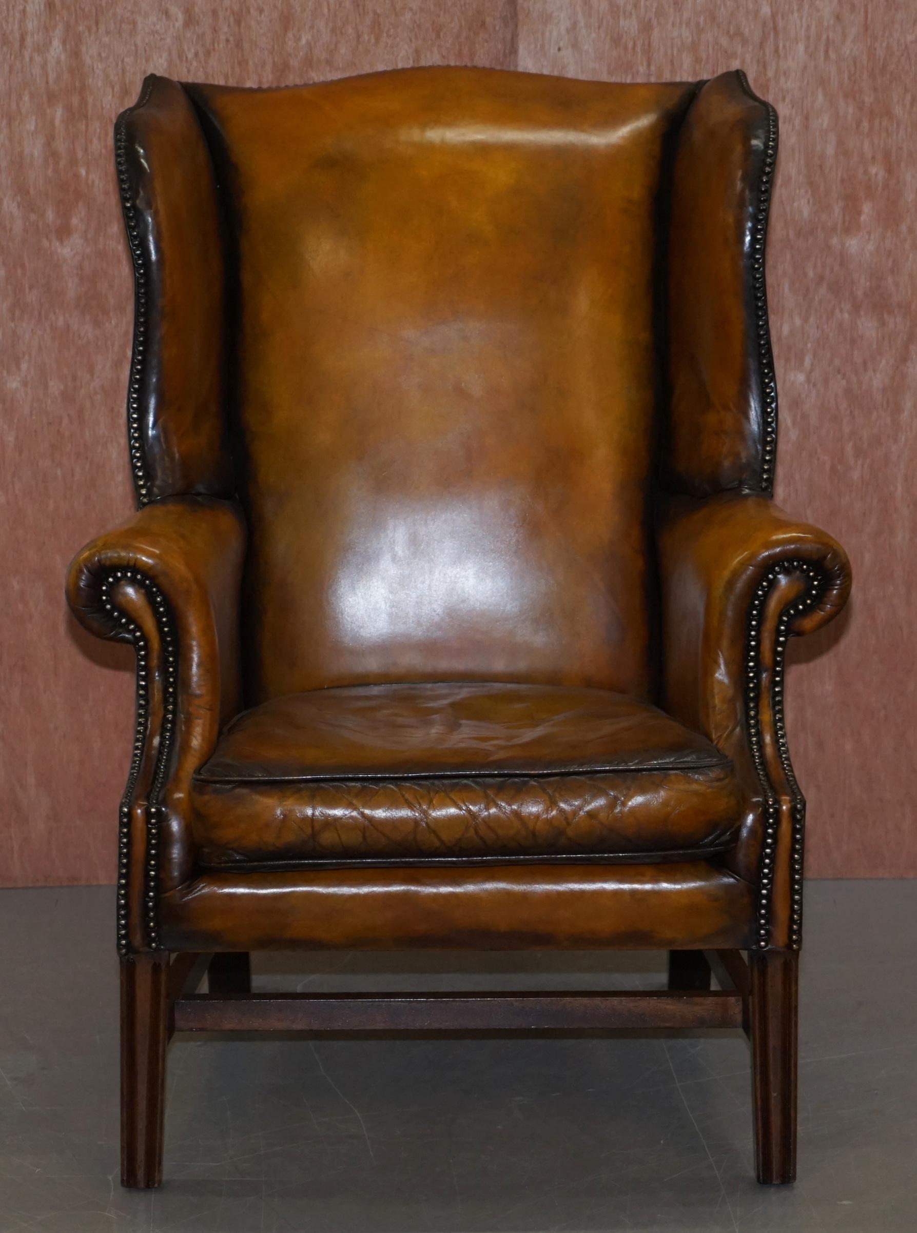 Restored of His & Hers Chesterfield Wingback Armchairs Cigar Brown Leather, Pair 7