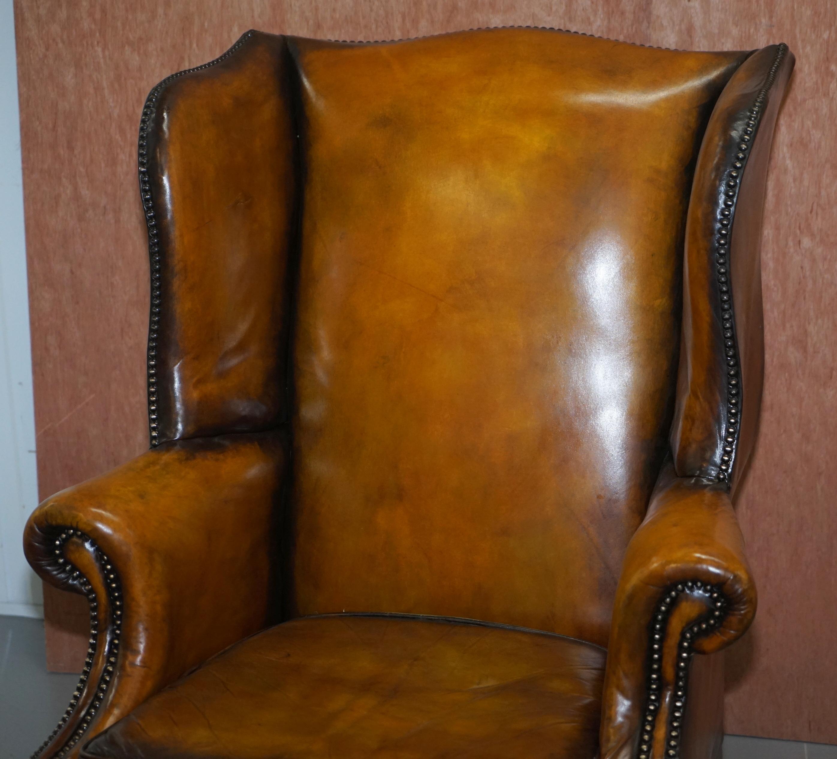 Restored of His & Hers Chesterfield Wingback Armchairs Cigar Brown Leather, Pair 8