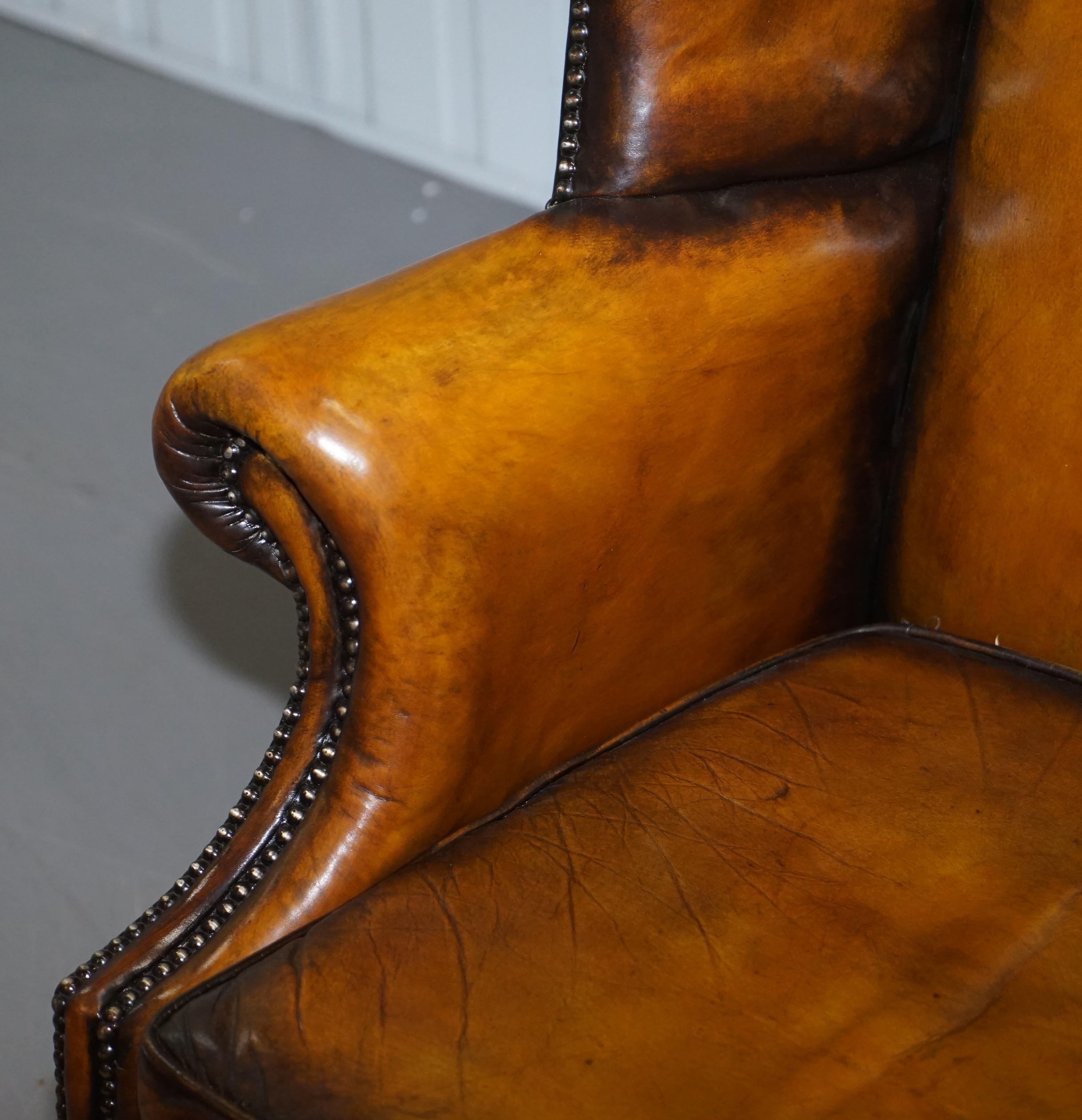 Restored of His & Hers Chesterfield Wingback Armchairs Cigar Brown Leather, Pair 9