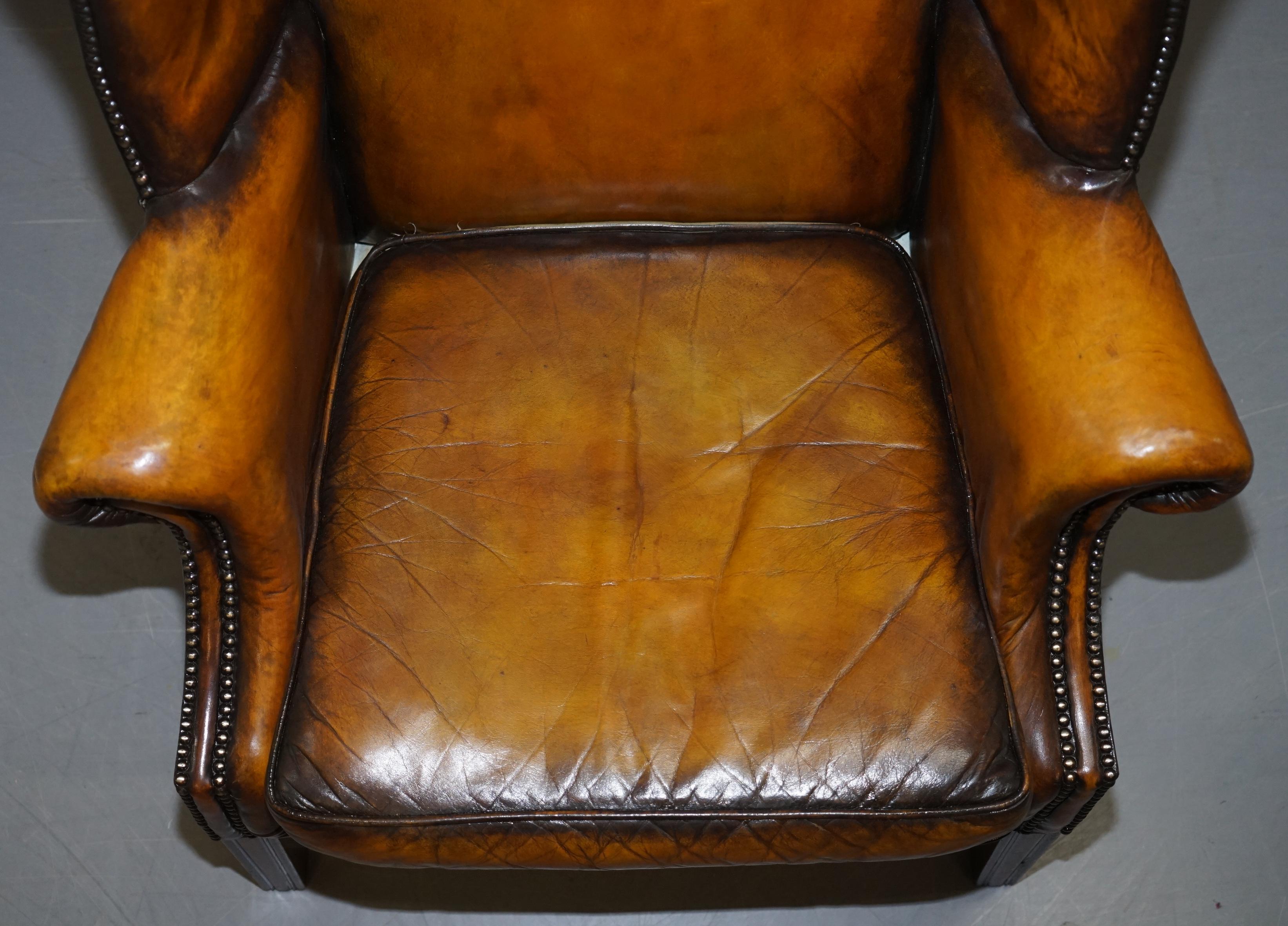 Restored of His & Hers Chesterfield Wingback Armchairs Cigar Brown Leather, Pair 10