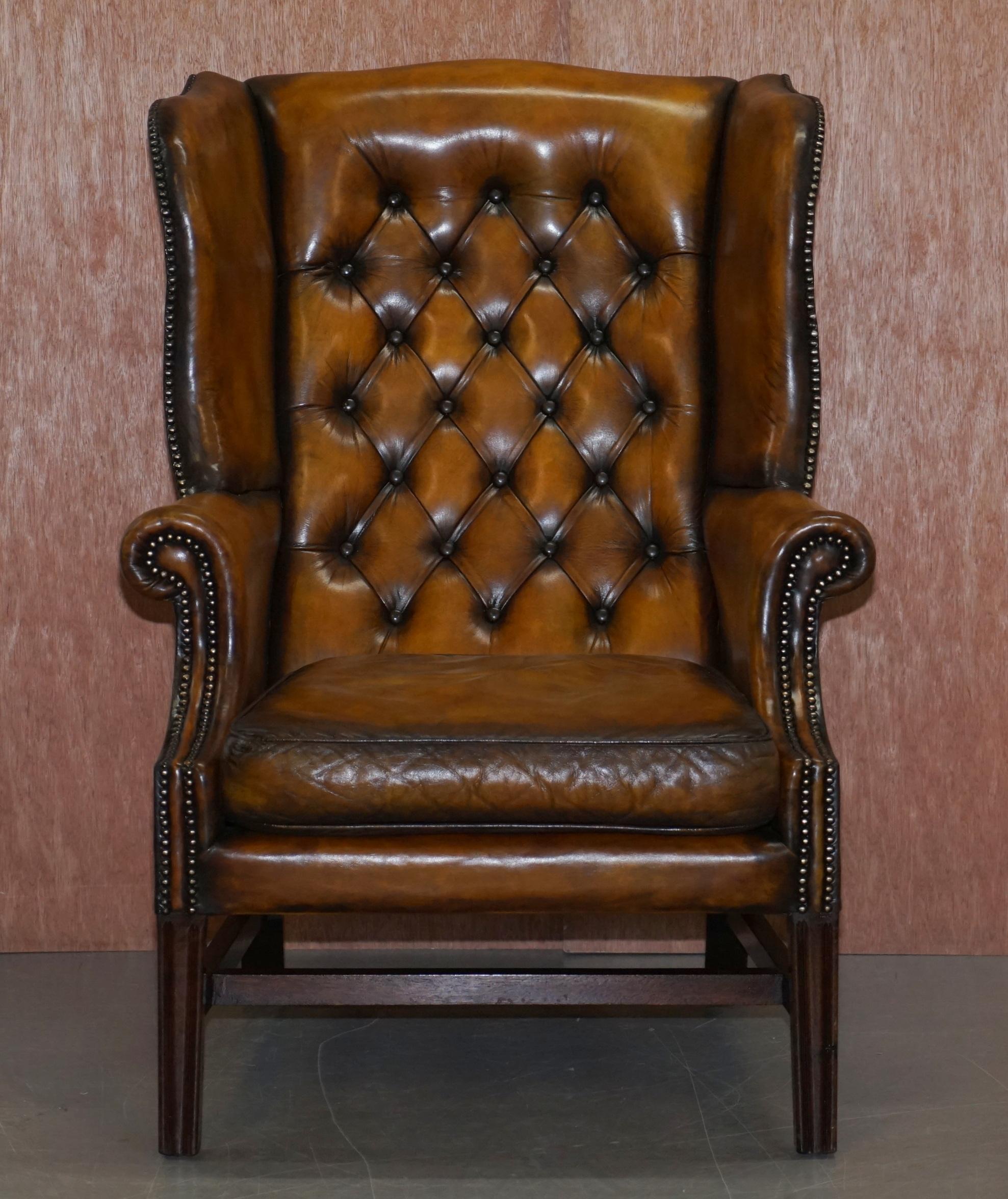 Victorian Restored of His & Hers Chesterfield Wingback Armchairs Cigar Brown Leather, Pair