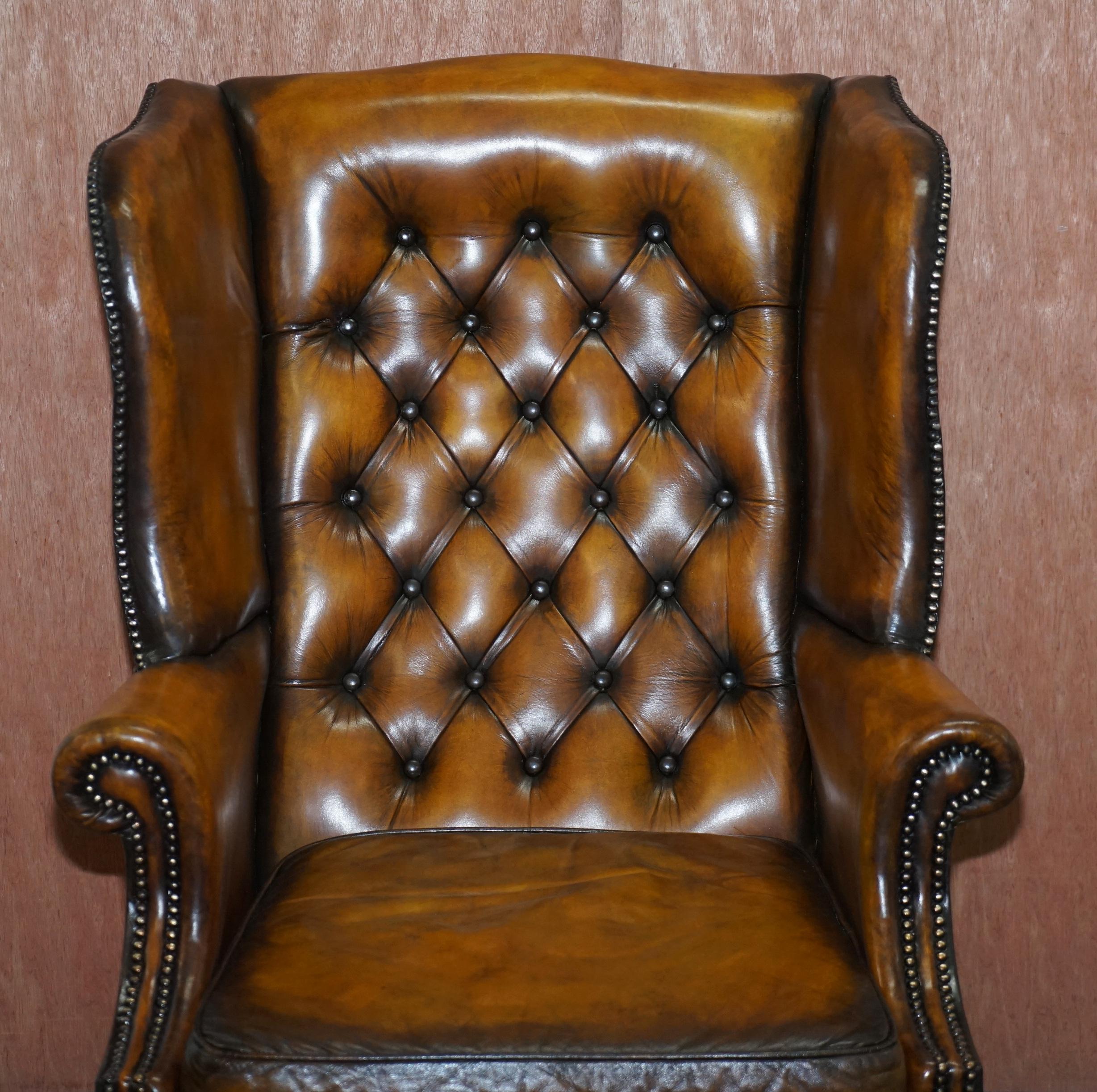 English Restored of His & Hers Chesterfield Wingback Armchairs Cigar Brown Leather, Pair