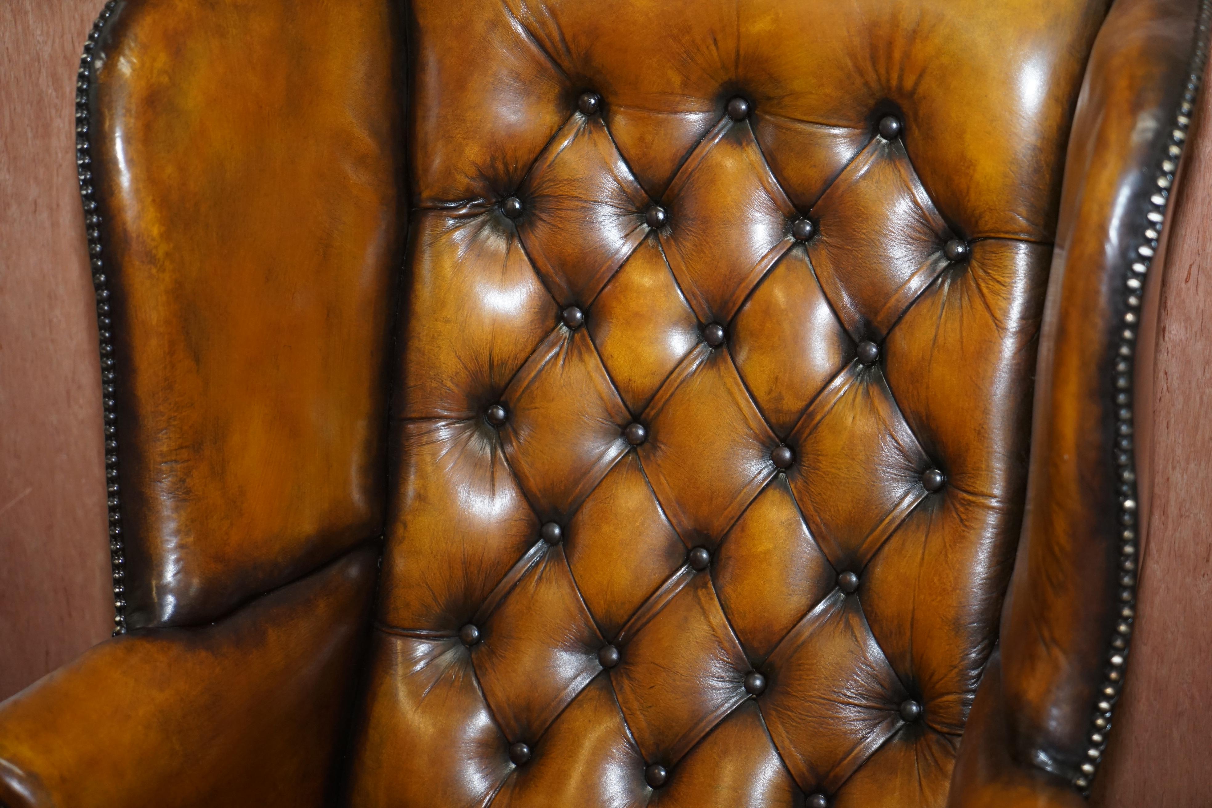 Hand-Carved Restored of His & Hers Chesterfield Wingback Armchairs Cigar Brown Leather, Pair