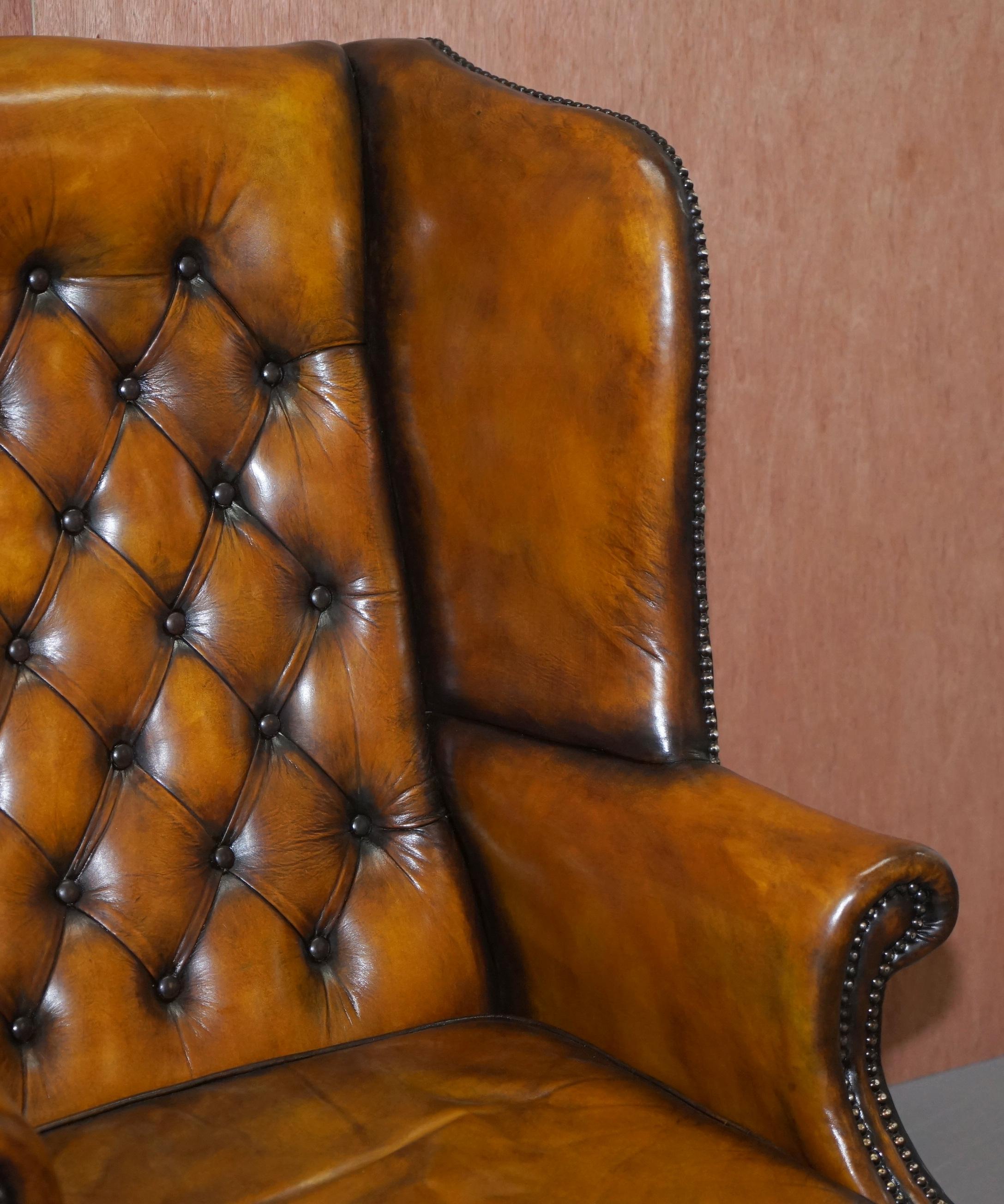 19th Century Restored of His & Hers Chesterfield Wingback Armchairs Cigar Brown Leather, Pair