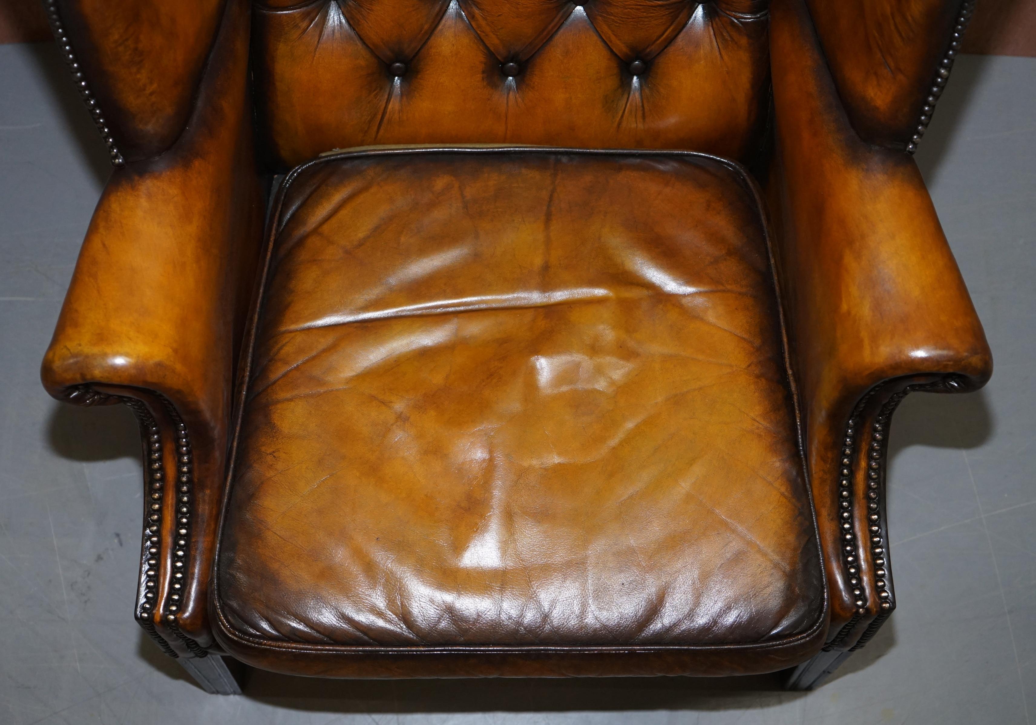 Restored of His & Hers Chesterfield Wingback Armchairs Cigar Brown Leather, Pair 1