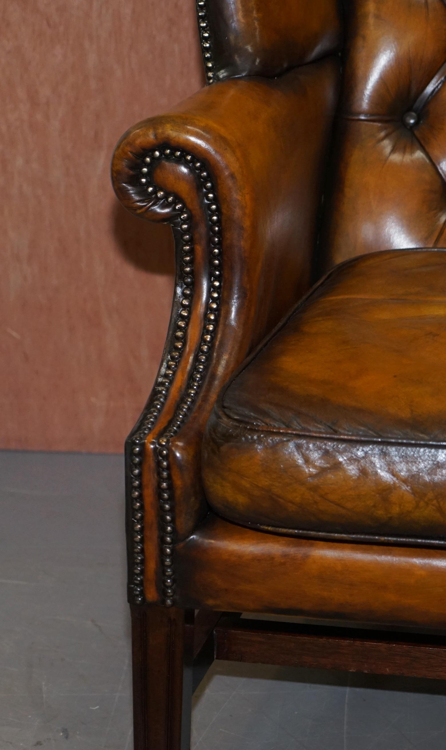 Restored of His & Hers Chesterfield Wingback Armchairs Cigar Brown Leather, Pair 2