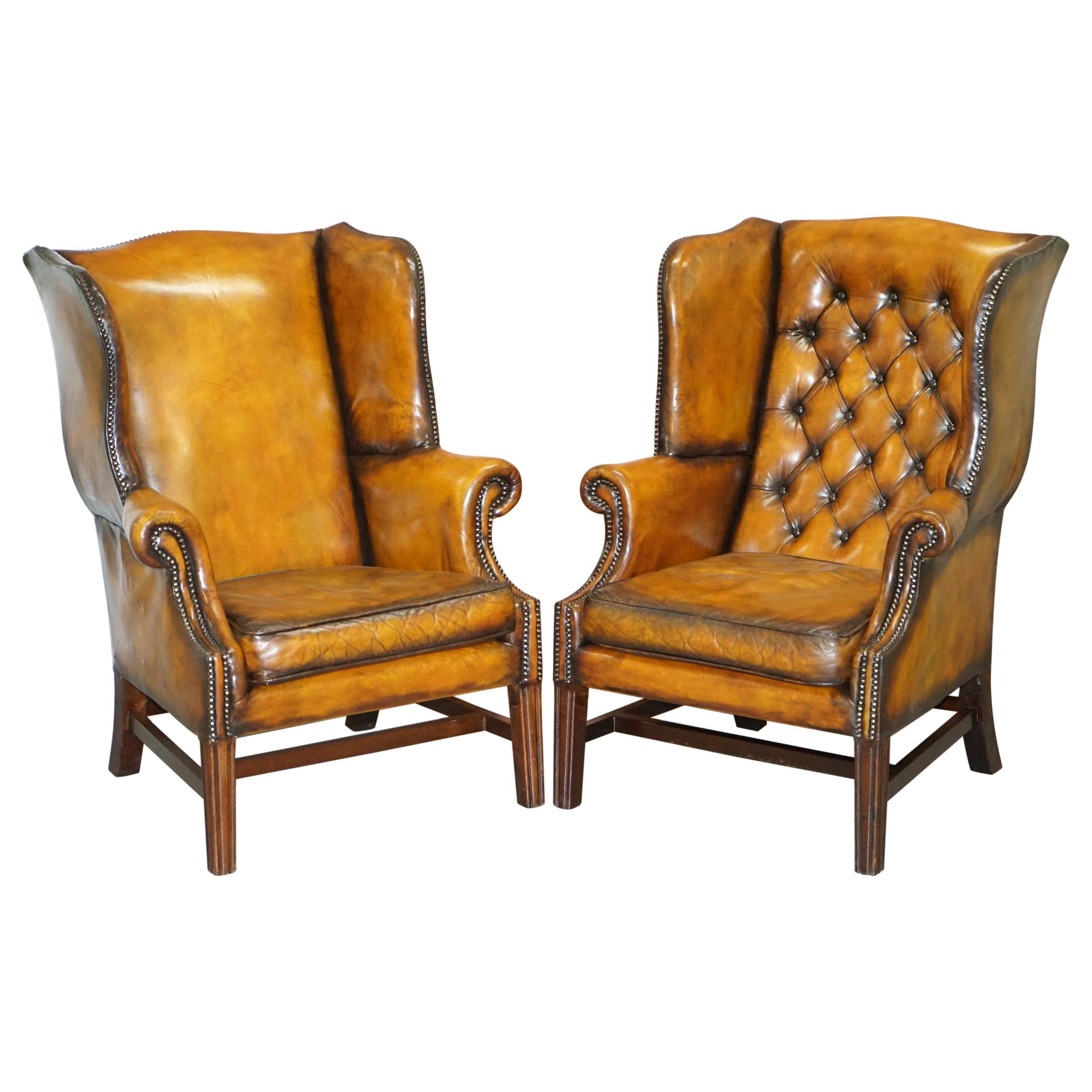 Restored of His & Hers Chesterfield Wingback Armchairs Cigar Brown Leather, Pair