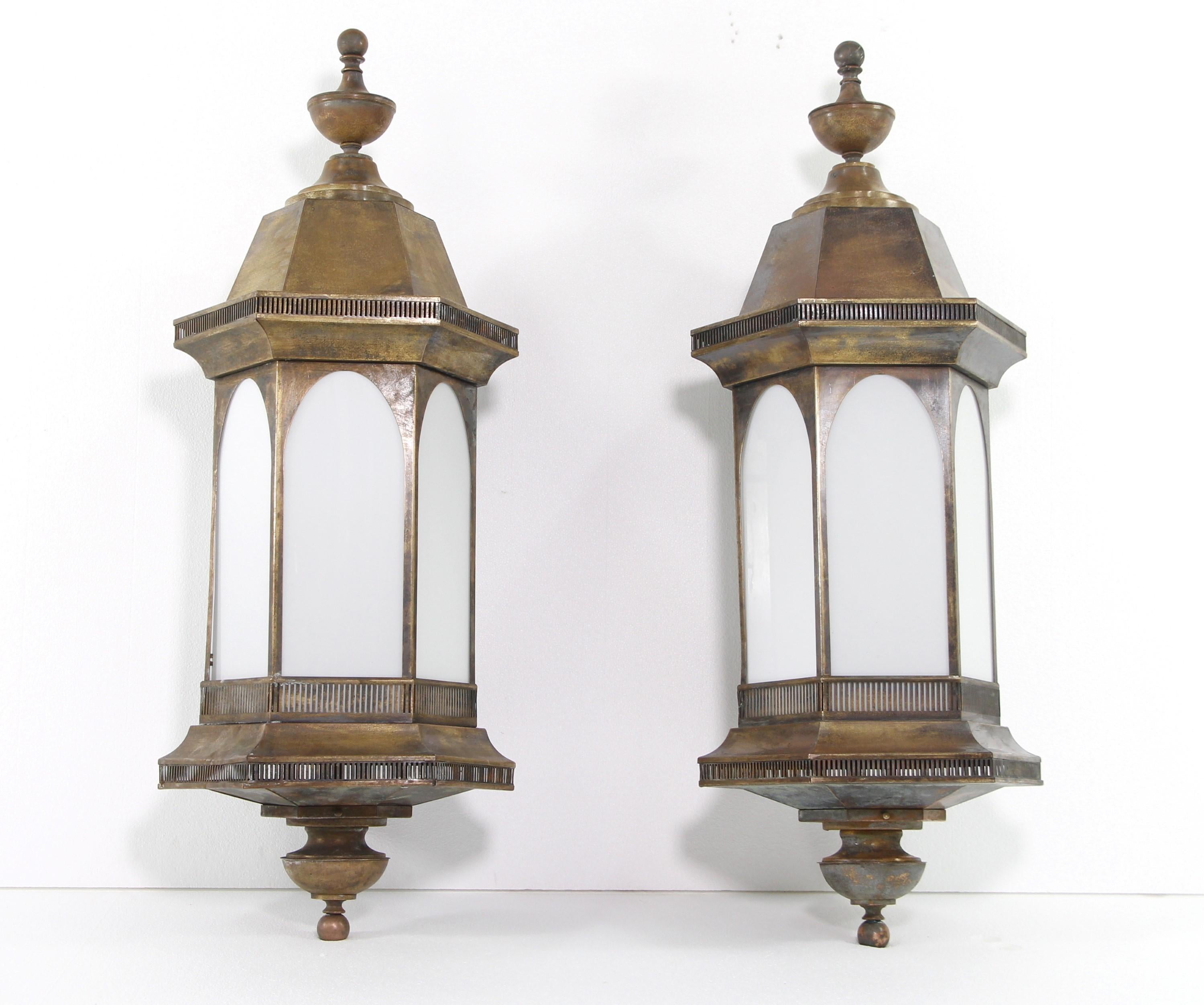 Pair Restored Red Brass Milk Glass Exterior Wall Lanterns In Good Condition In New York, NY